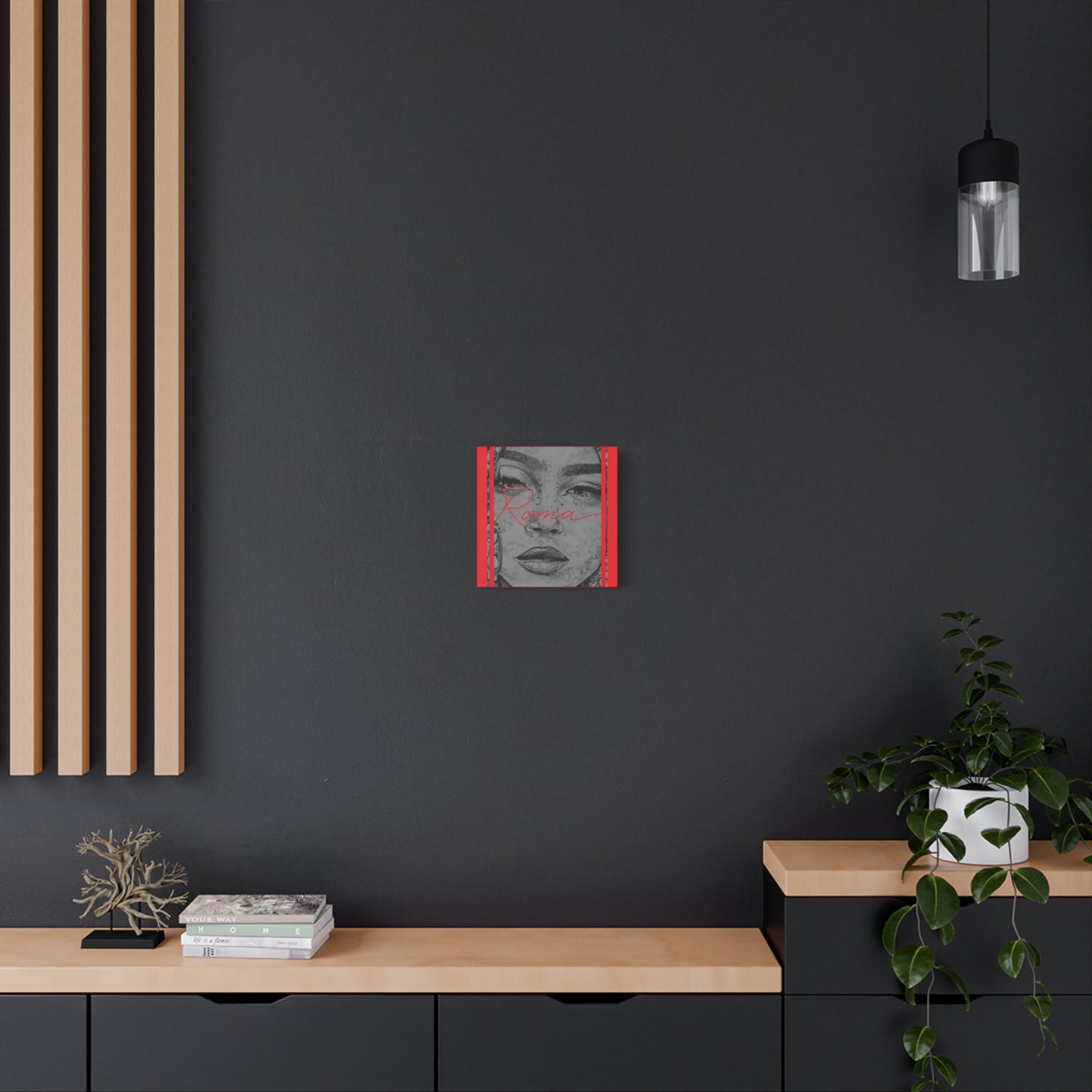 Dreamy canvas print capturing silent sorrow in a girl’s face, with the ROMA text almost whispering beside her.