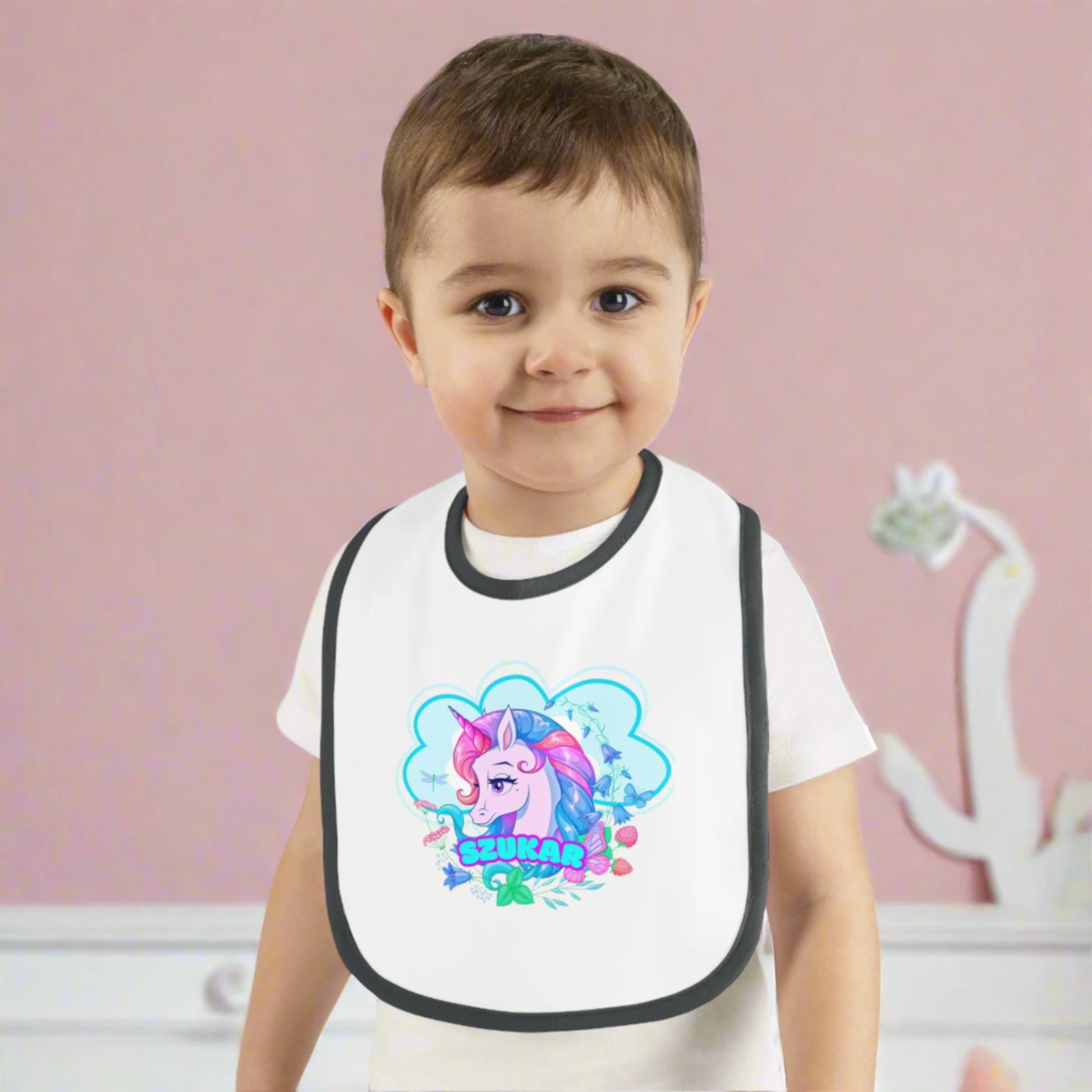 white baby toddler bib unicorn sketch szukar design