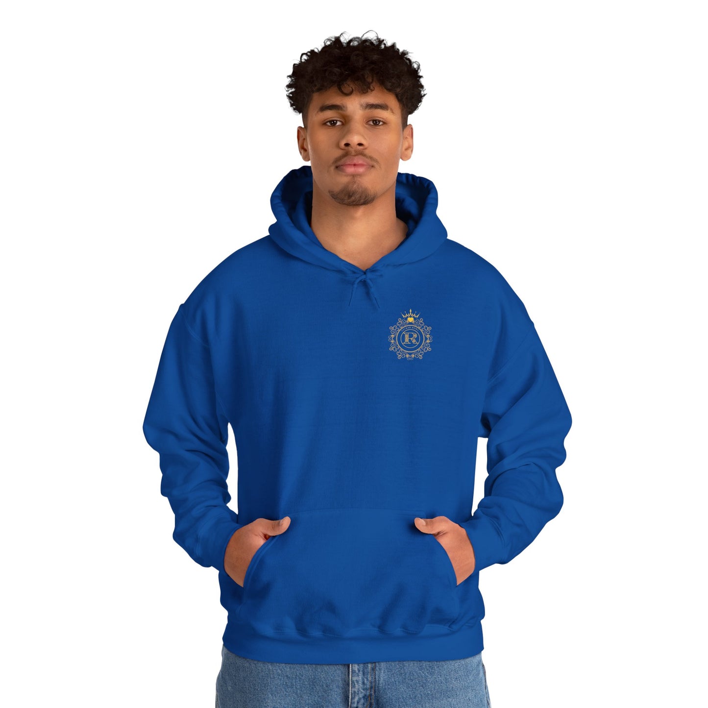 Crowned monogram hoodie featuring the R symbol in a clean circle with SZUKAR ROMA lettering.

