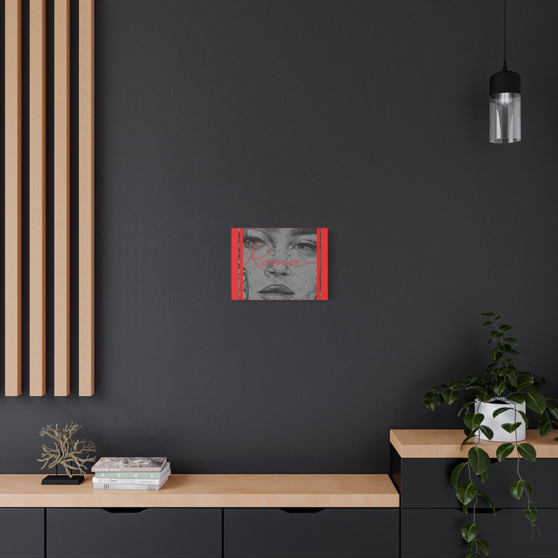 Visually striking canvas featuring a melancholic girl’s face, paired with soft, vintage-style ROMA typography for emotional depth.