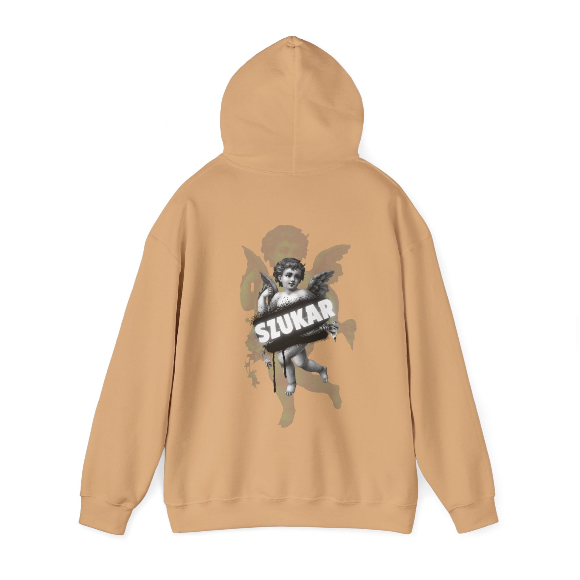 Street-style hoodie with back angel mural and small front chest ‘SZUKAR’ print.
