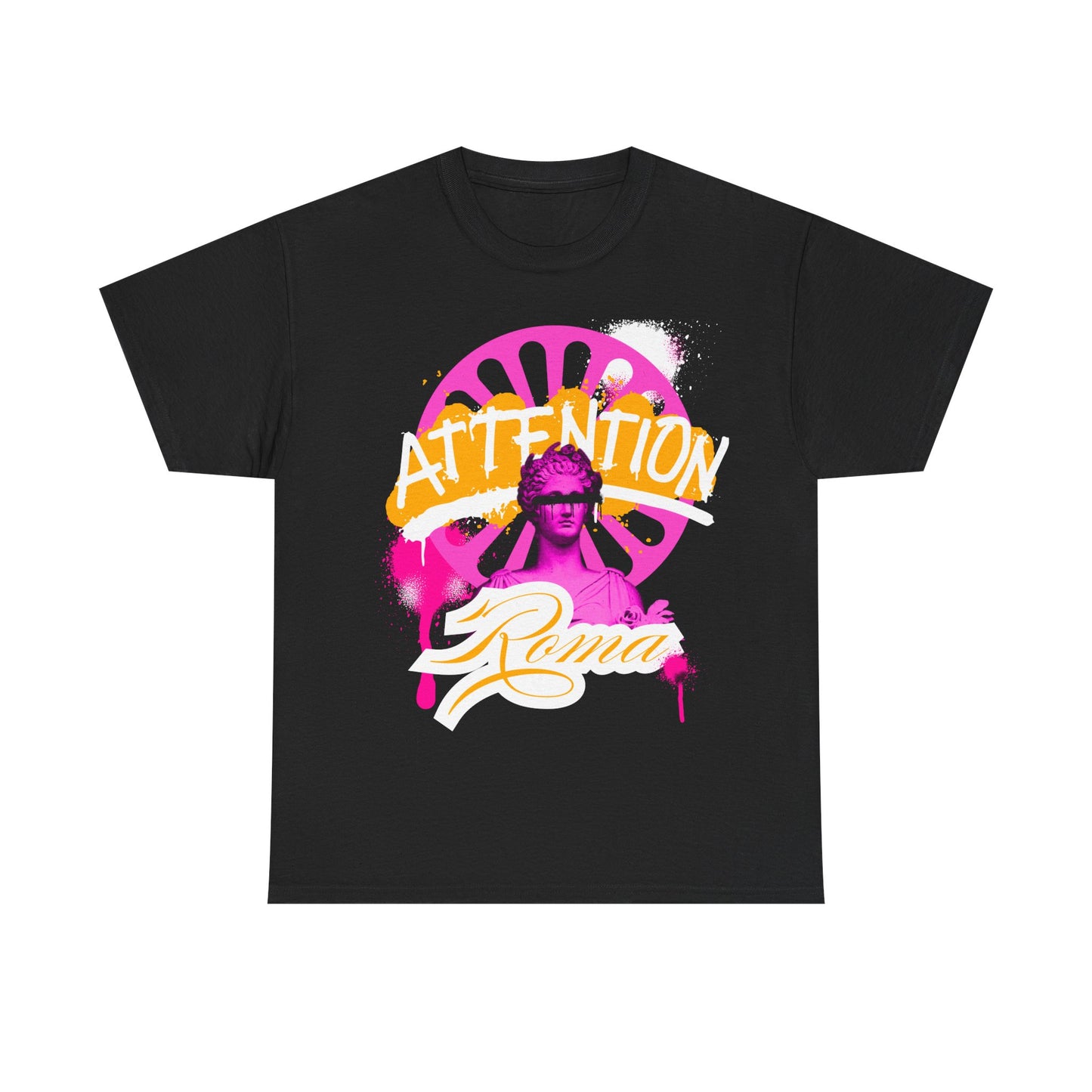 Short sleeve t-shirt featuring a bold Roma statue print with 'ATTENTION' text in the background and 'Roma' beneath the statue design.