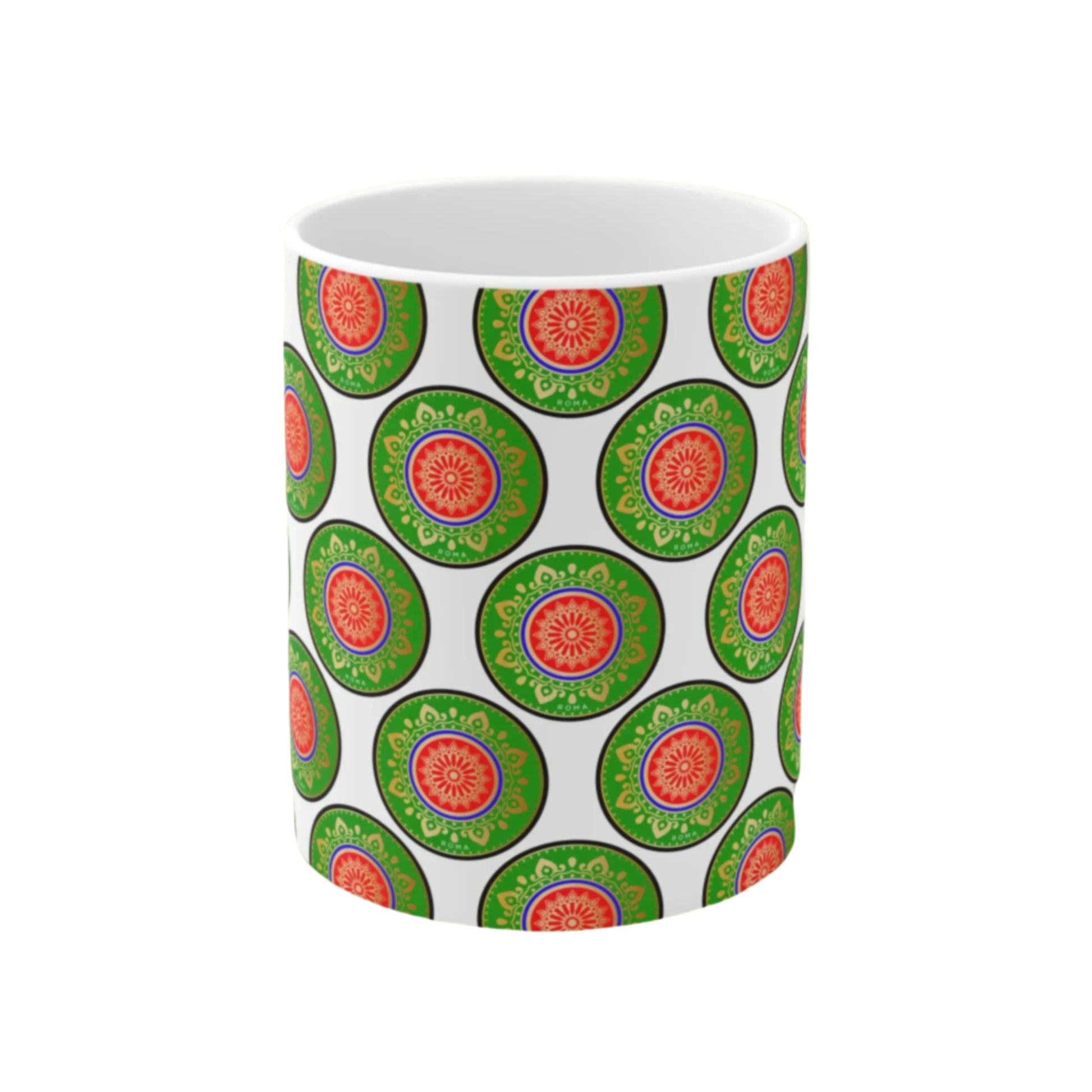 11oz white ceramic mug with bold Szukar Roma print, perfect for coffee lovers.
