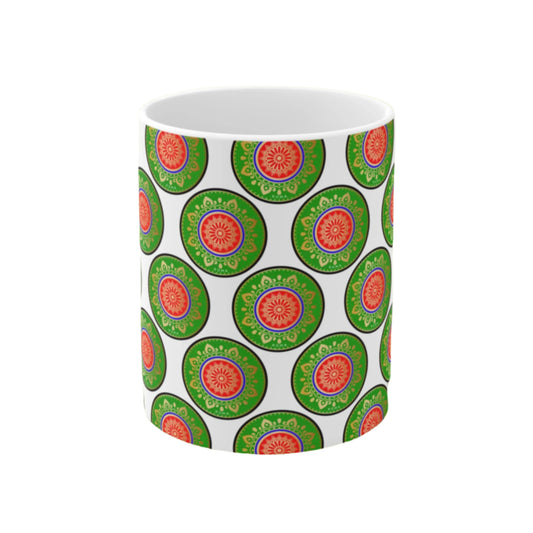 11oz white ceramic mug with bold Szukar Roma print, perfect for coffee lovers.
