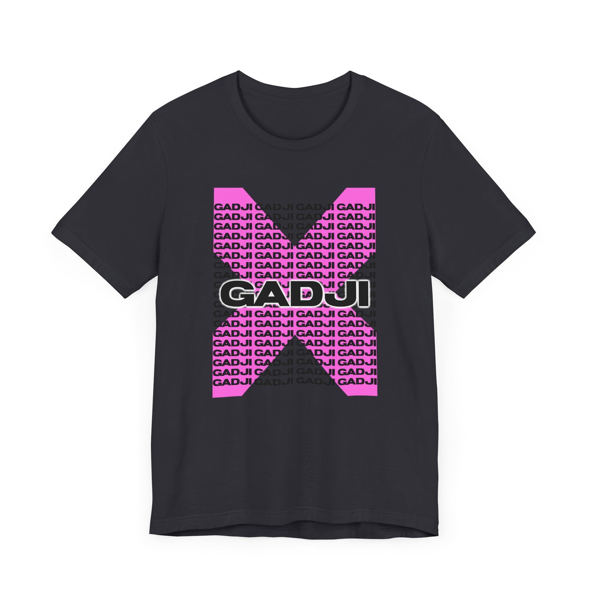 Short sleeve tee displaying GADJI text styled with Roman column-inspired vertical lines inside the letters.
