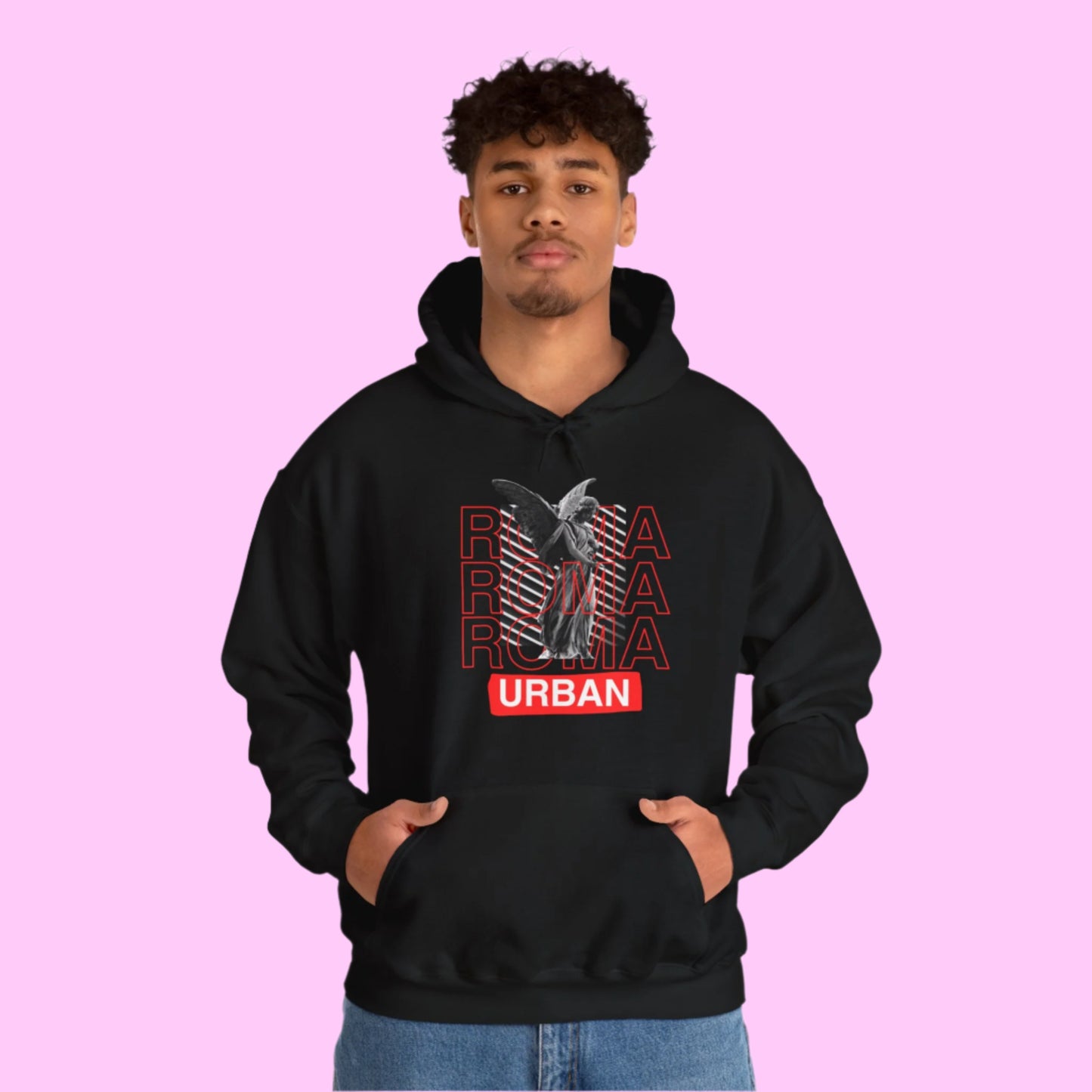 Streetwear hoodie showcasing a Roma statue overlaid on capital ROMA letters, with urban typography.


