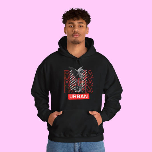 Streetwear hoodie showcasing a Roma statue overlaid on capital ROMA letters, with urban typography.

