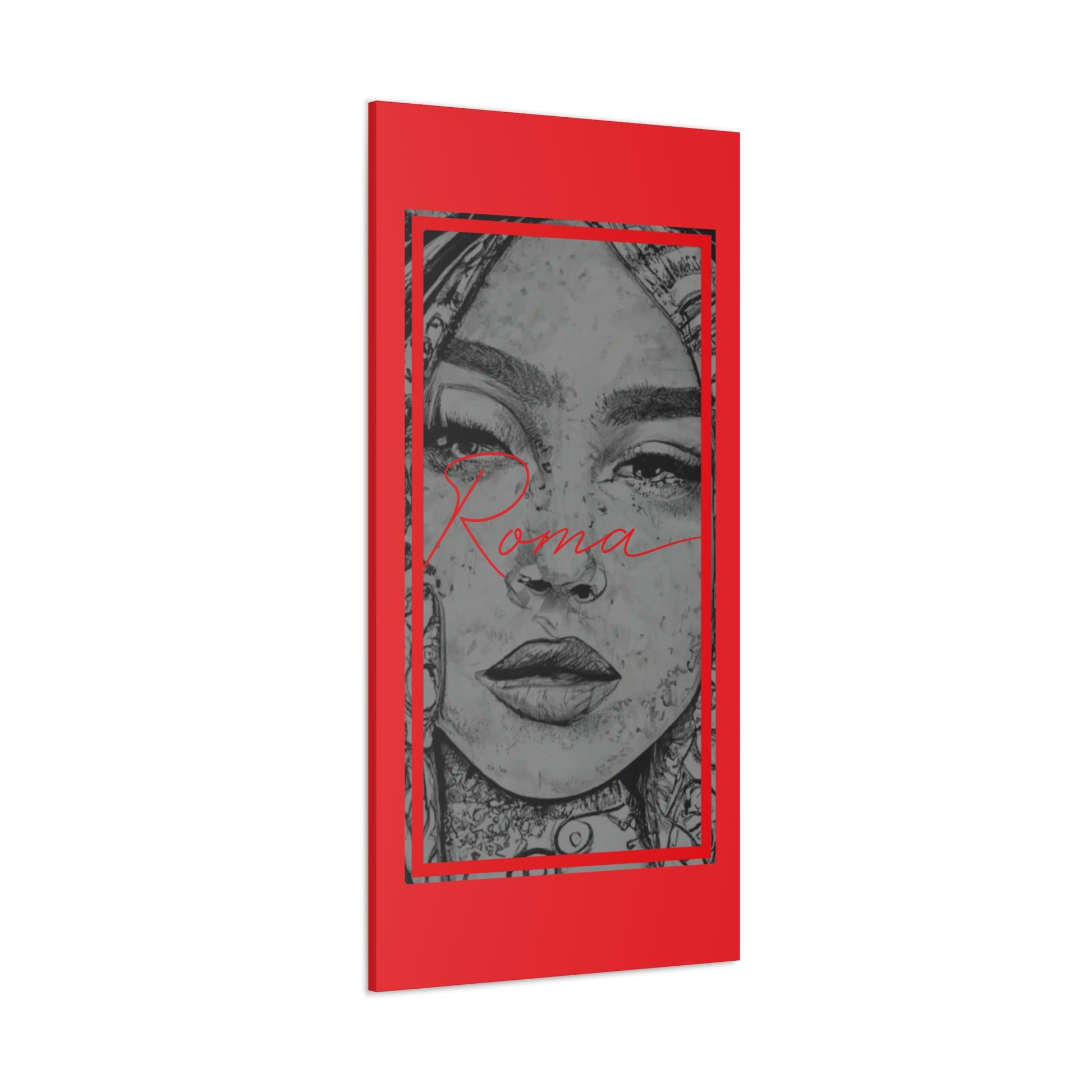 Art print on canvas capturing the intensity of emotion in a girl's eyes with the word ROMA beside her.