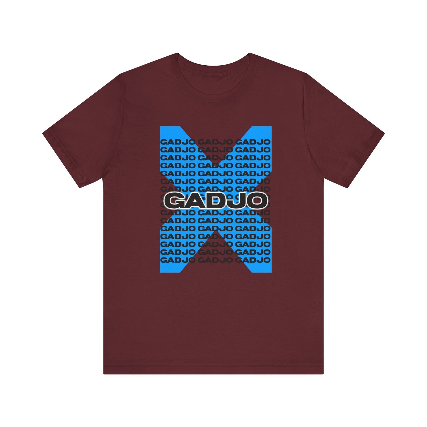Short sleeve t-shirt with GADJO text styled in Roman chiseled letters, framed by laurel leaves.