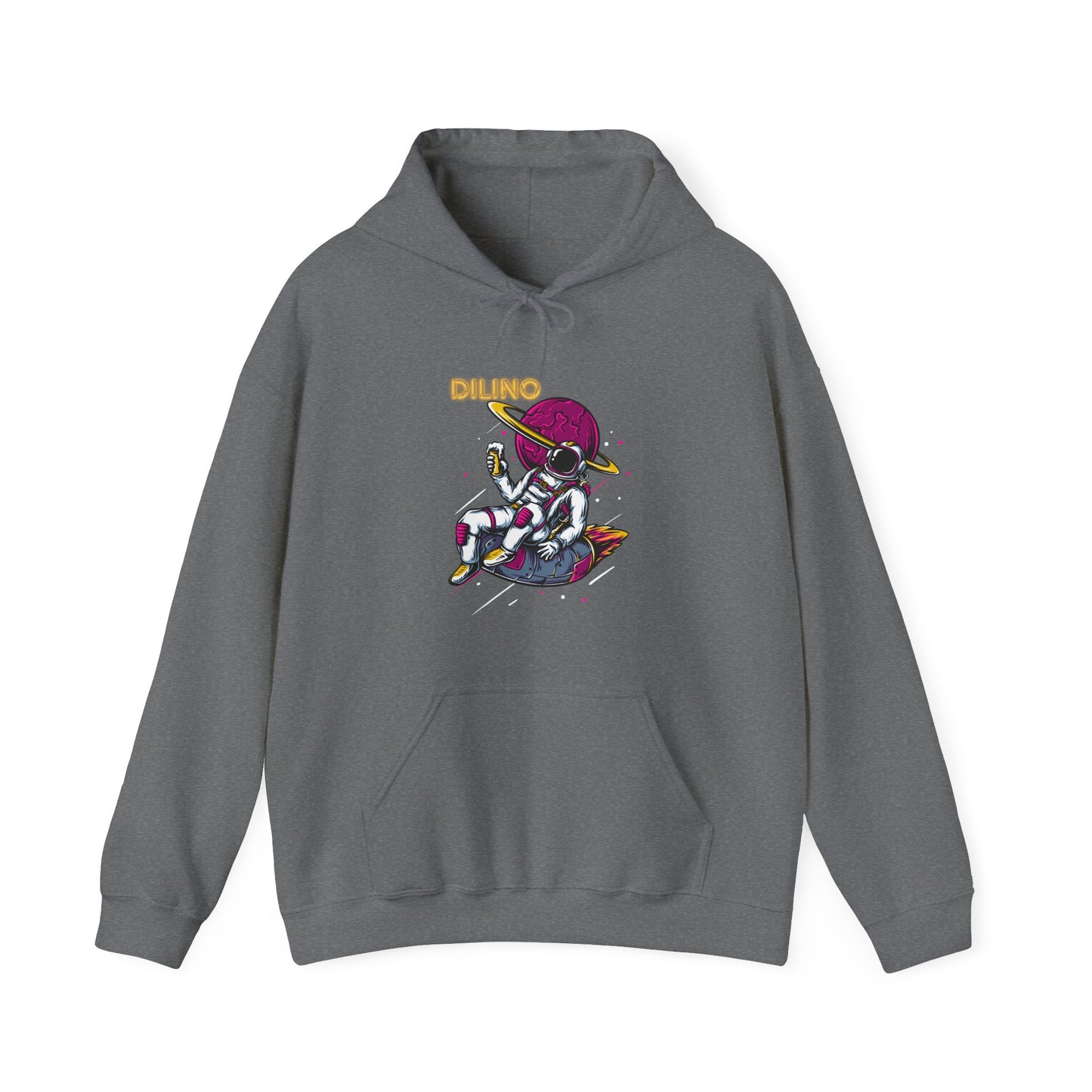 Space-inspired hoodie with bold visuals of an astronaut in orbit, glowing moon halo, and “DILINO” beneath in modern font.

