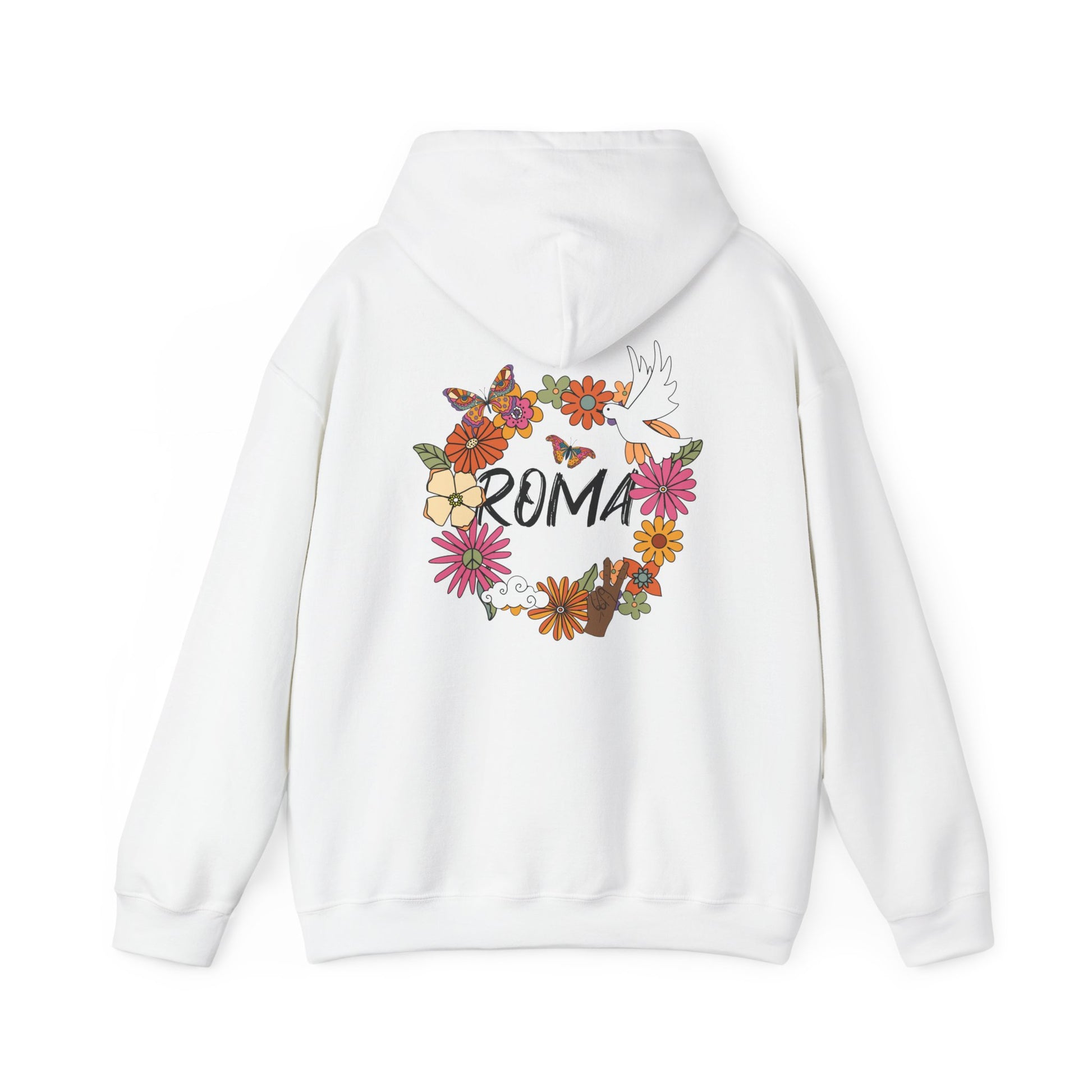 Urban-style hoodie with graffiti-inspired “ROMA” text inside a circle of abstract flowers and a white dove silhouette.

