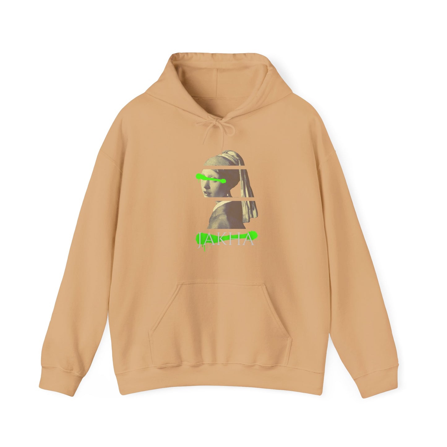 Beige hoodie with a graphic design on a white background