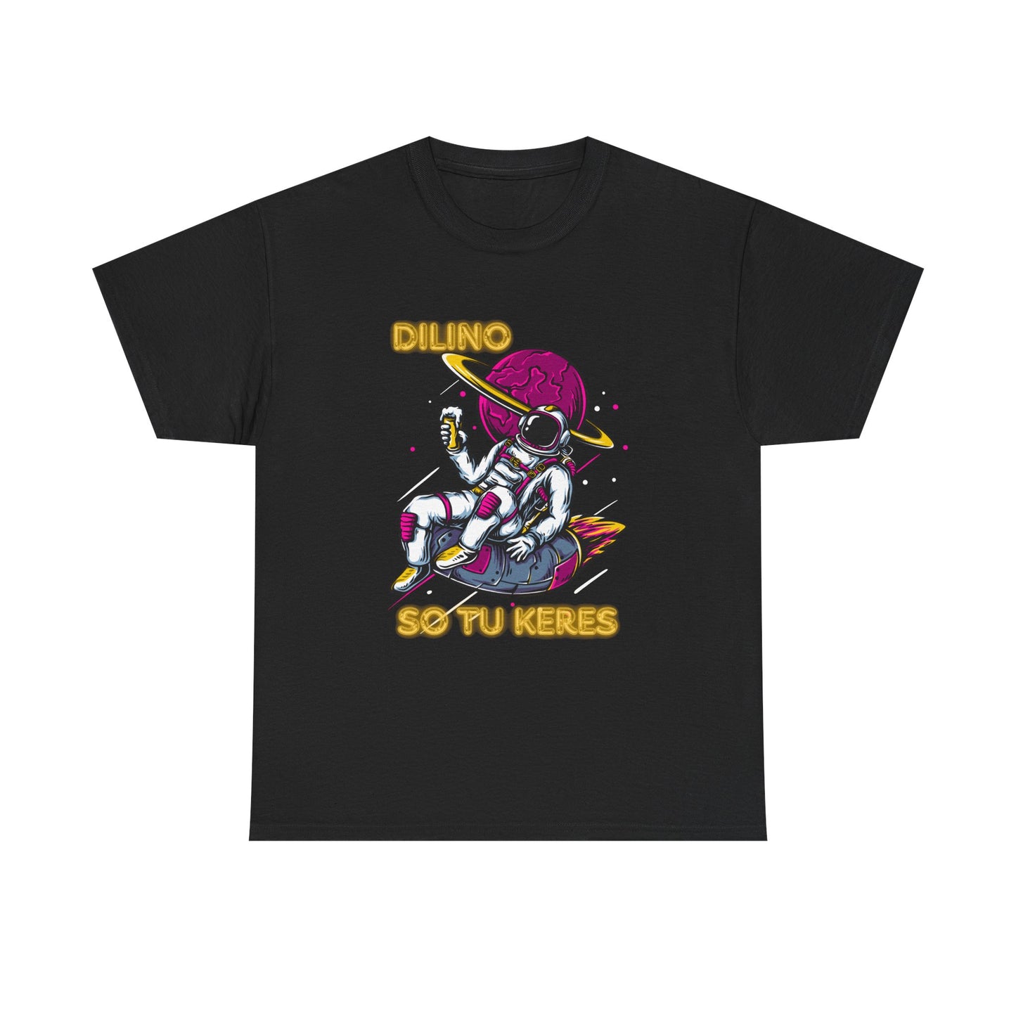 Modern tee printed with ‘DILINO’ text, nastrabnout design, and ‘SO TU KERES’ beneath.