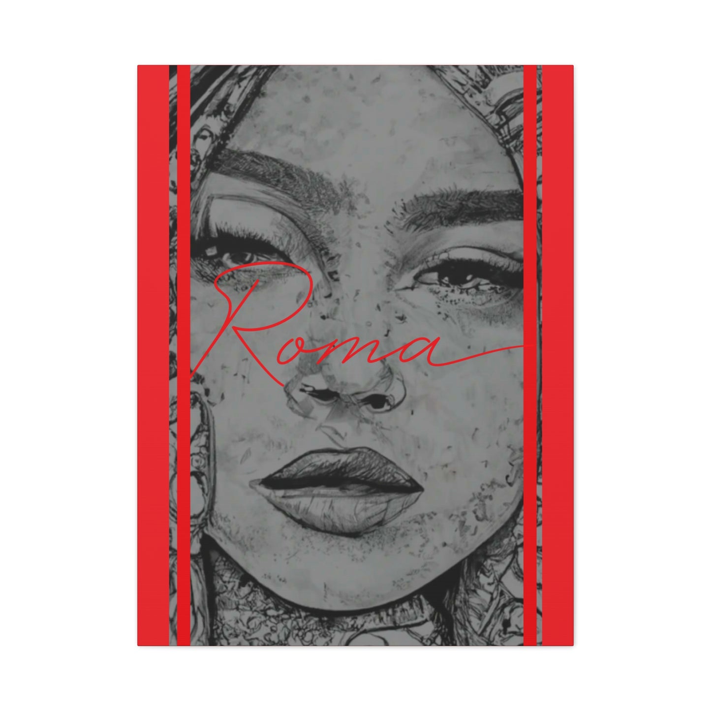Portrait-style canvas where sadness meets strength—a girl’s expressive close-up next to bold ROMA in urban-style type.