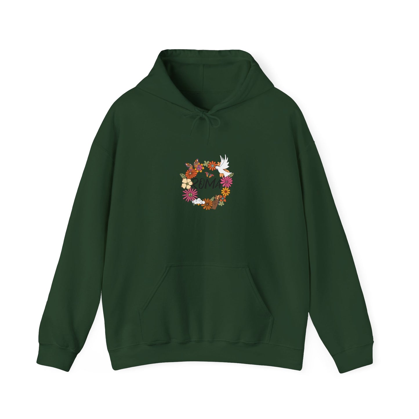 Cozy hoodie with botanical details in a wreath shape, a dove in flight, and softly curved “ROMA” font within.


