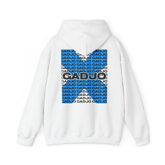 Casual hoodie with “GADJO” text in block letters accented by a distressed grunge texture.

