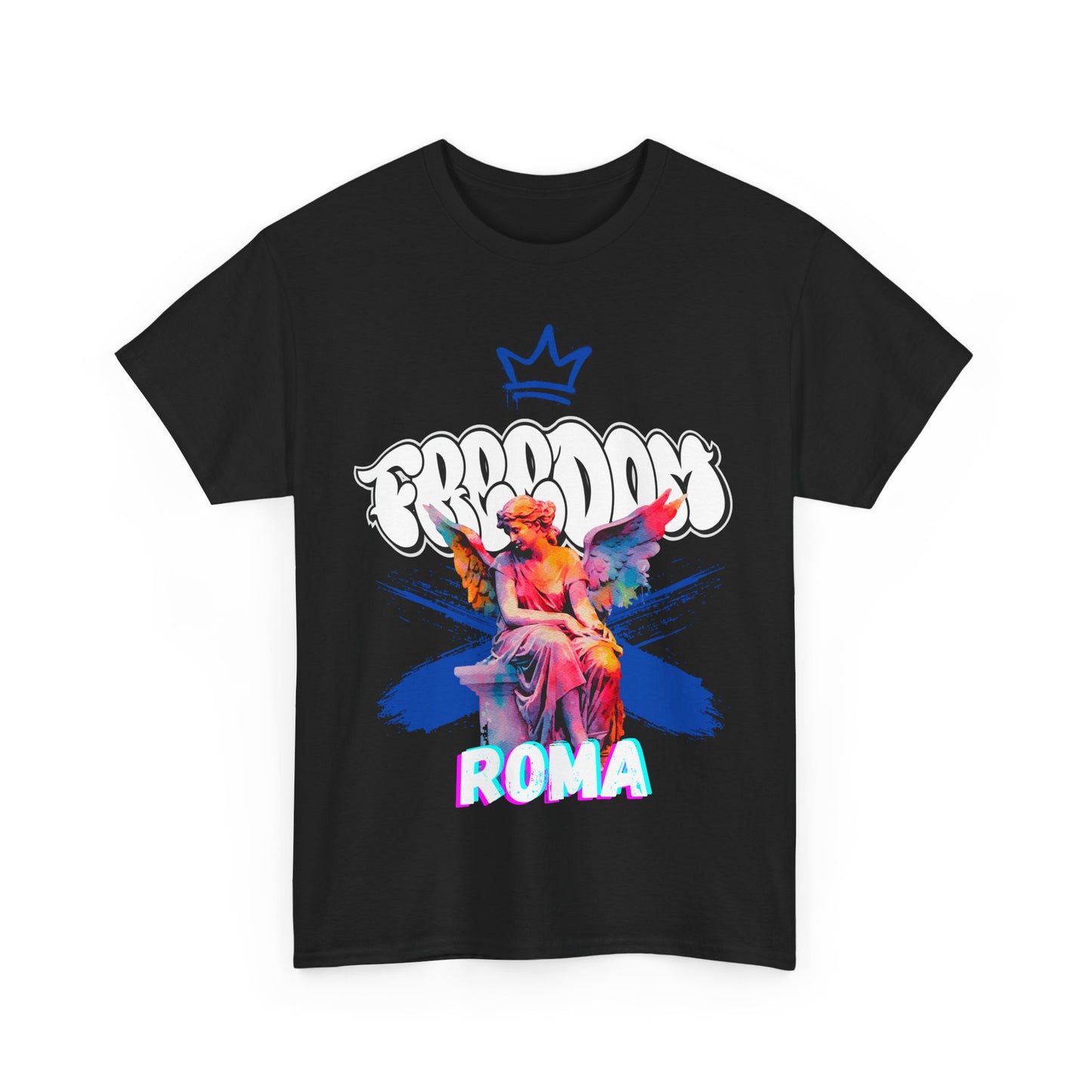 black t-shirt tee front crown freedom angel sketch roma design