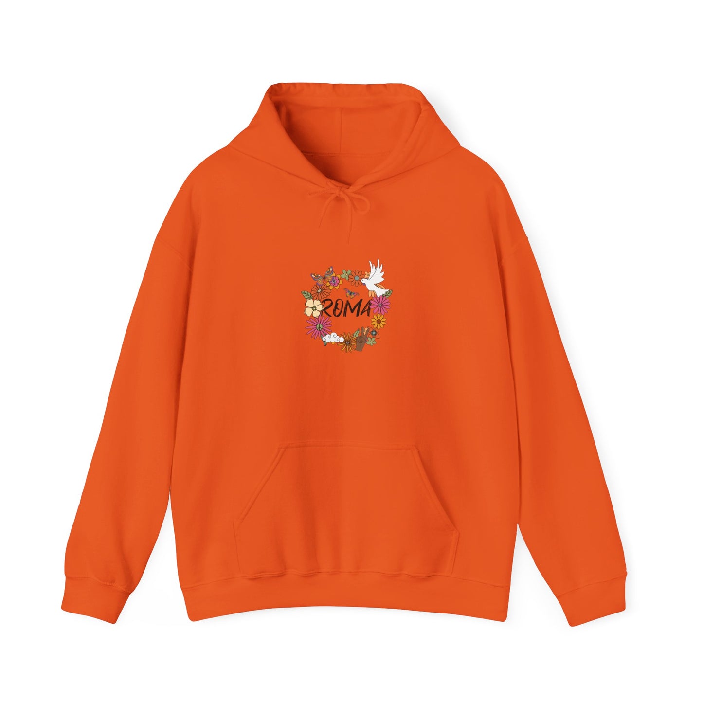 Aesthetic hoodie with floral halo design, dove symbol for peace, and “ROMA” text in elegant cursive.

