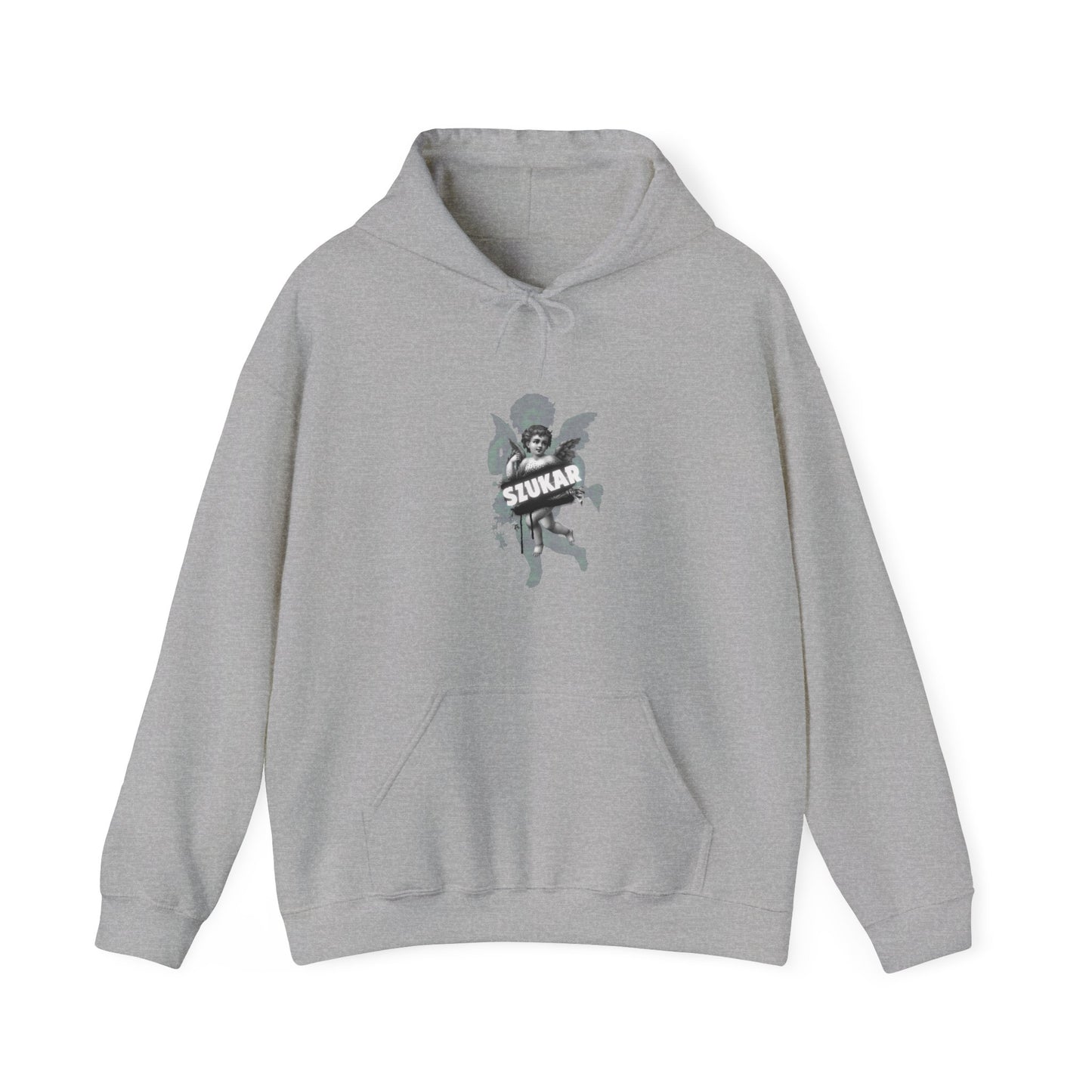 Minimalist yet bold hoodie with line-art angel and large SZUKAR text detail.