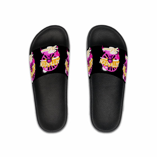 Street-style slide slipper featuring bold text and sketched sculpture
