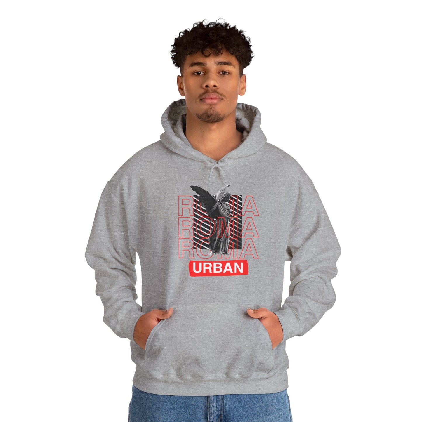 Artistic hoodie featuring a statue over ROMA lettering with “URBAN” tag underneath for contrast.

