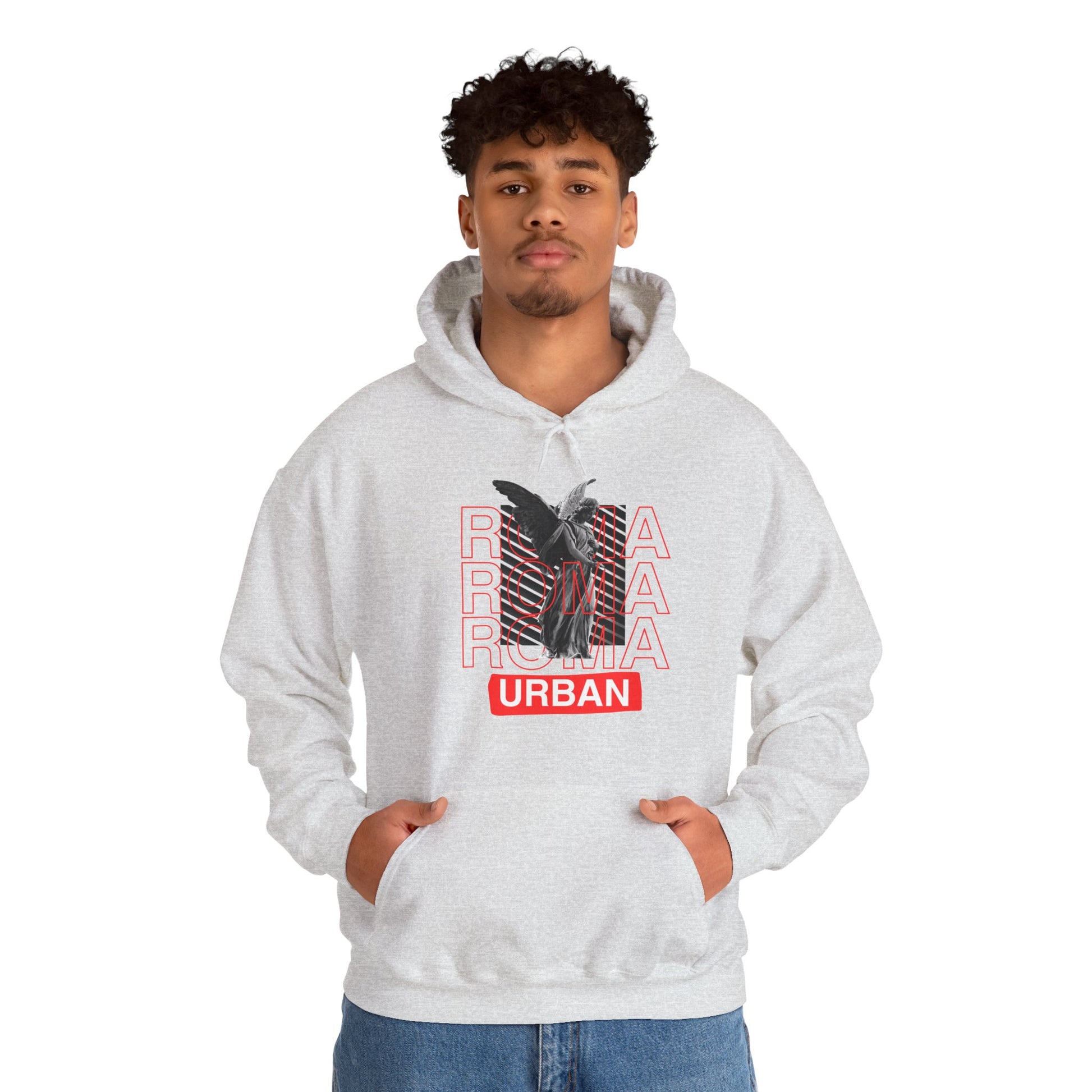 Streetwear hoodie showcasing a Roma statue overlaid on capital ROMA letters, with urban typography.
