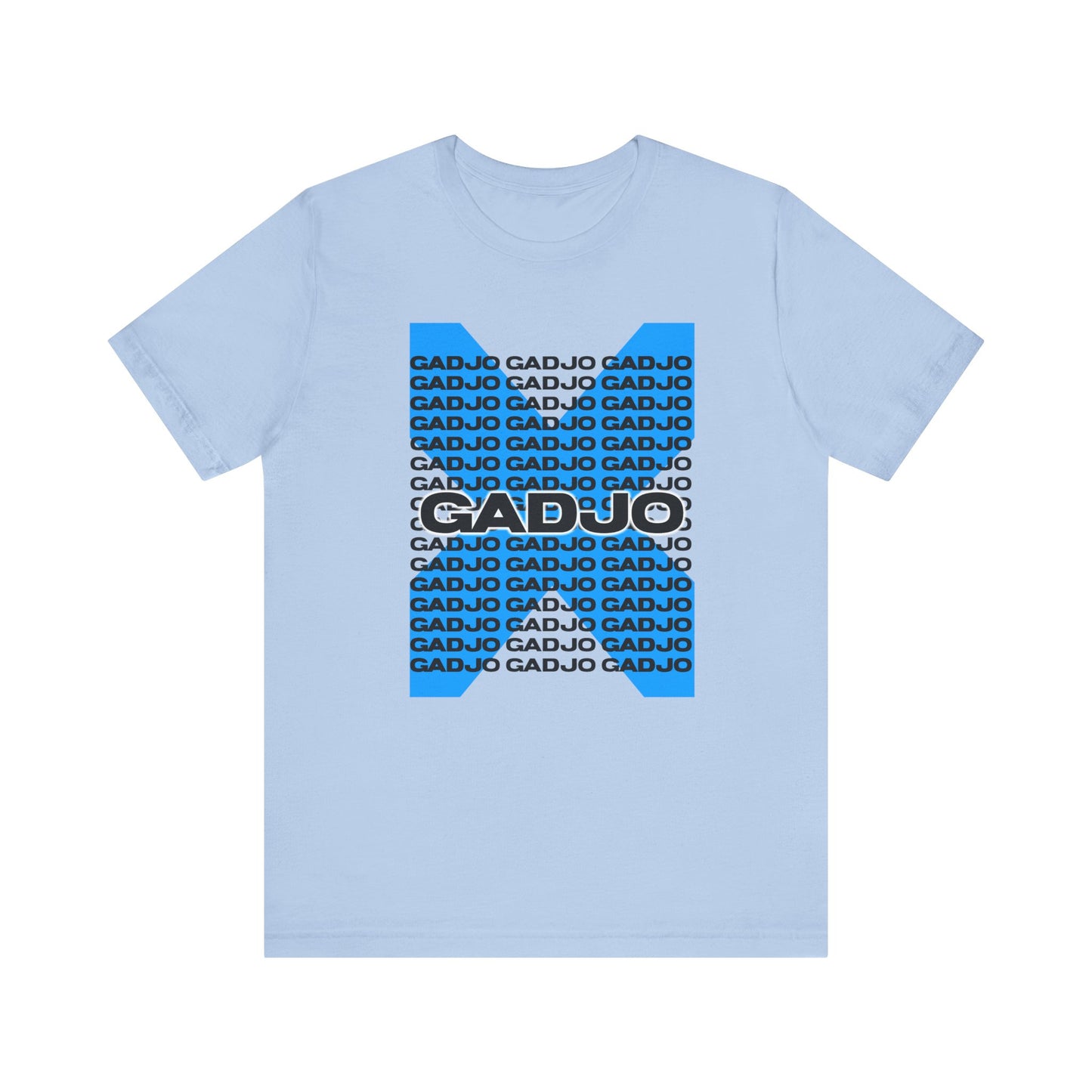 Graphic t-shirt with GADJO text surrounded by swirling line art and motion effects.