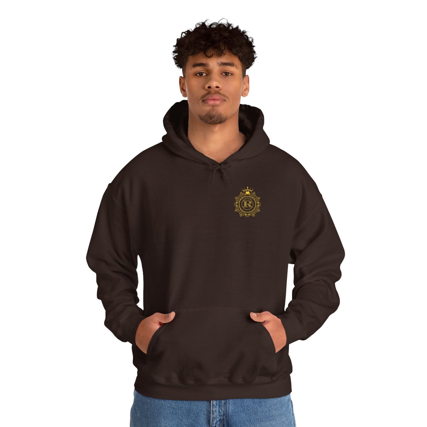 Modern hoodie with bold circular graphic featuring crown, letter R, and SZUKAR ROMA text.

