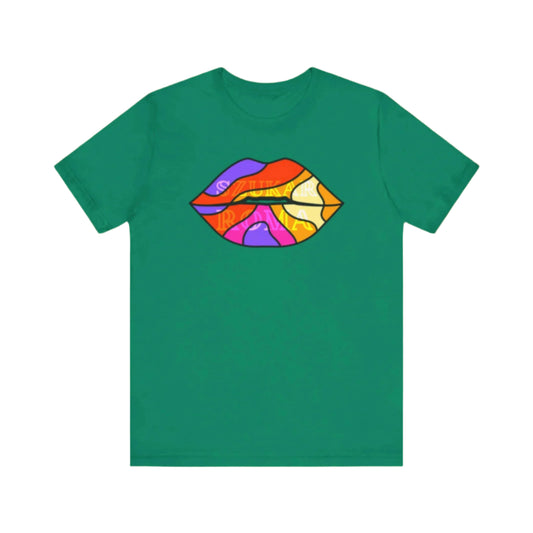 Artistic t-shirt design with low-contrast SUKAR ROMA text hidden among lips