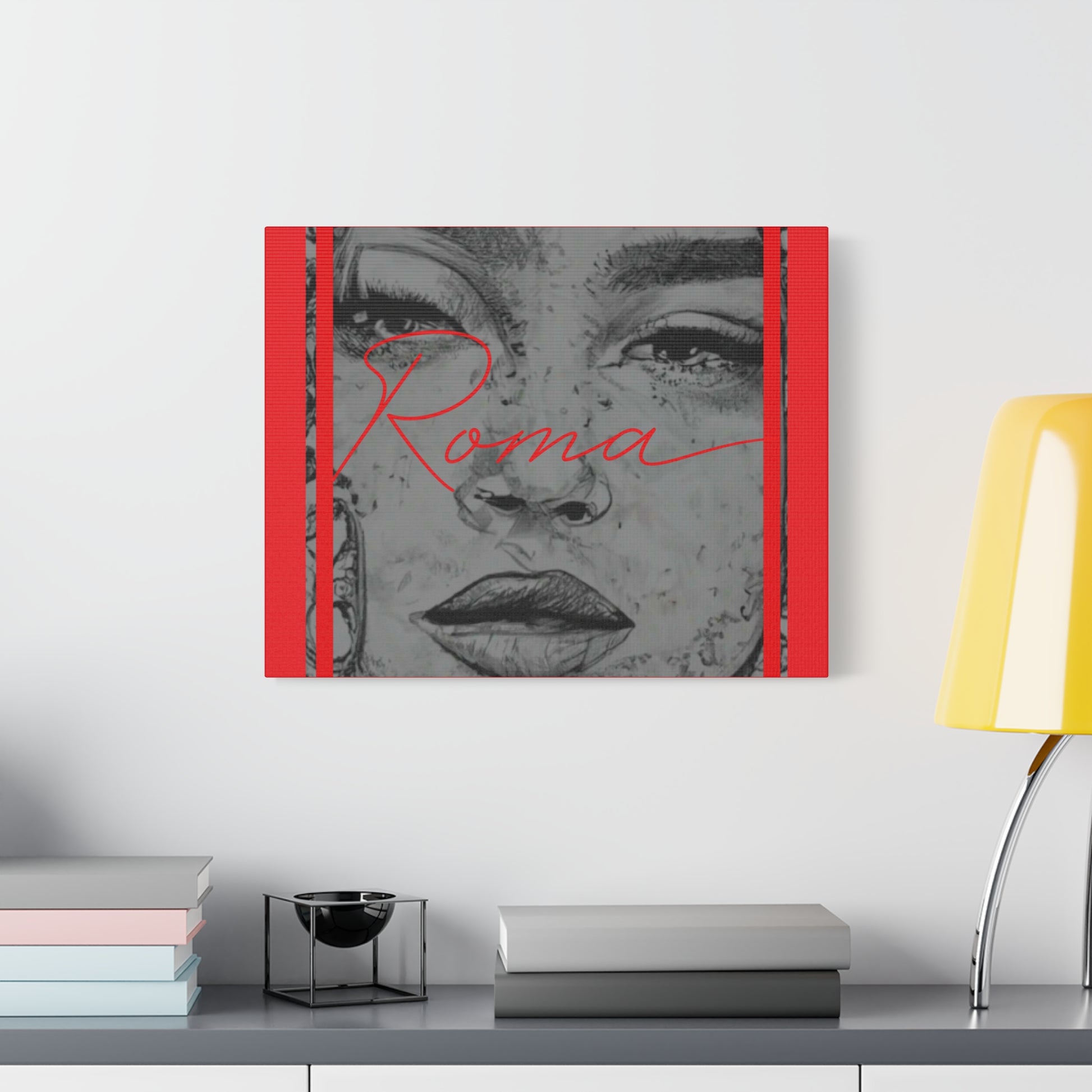 Close-up portrait on canvas of a young girl with a melancholic look, highlighted by bold, centered ROMA text.
