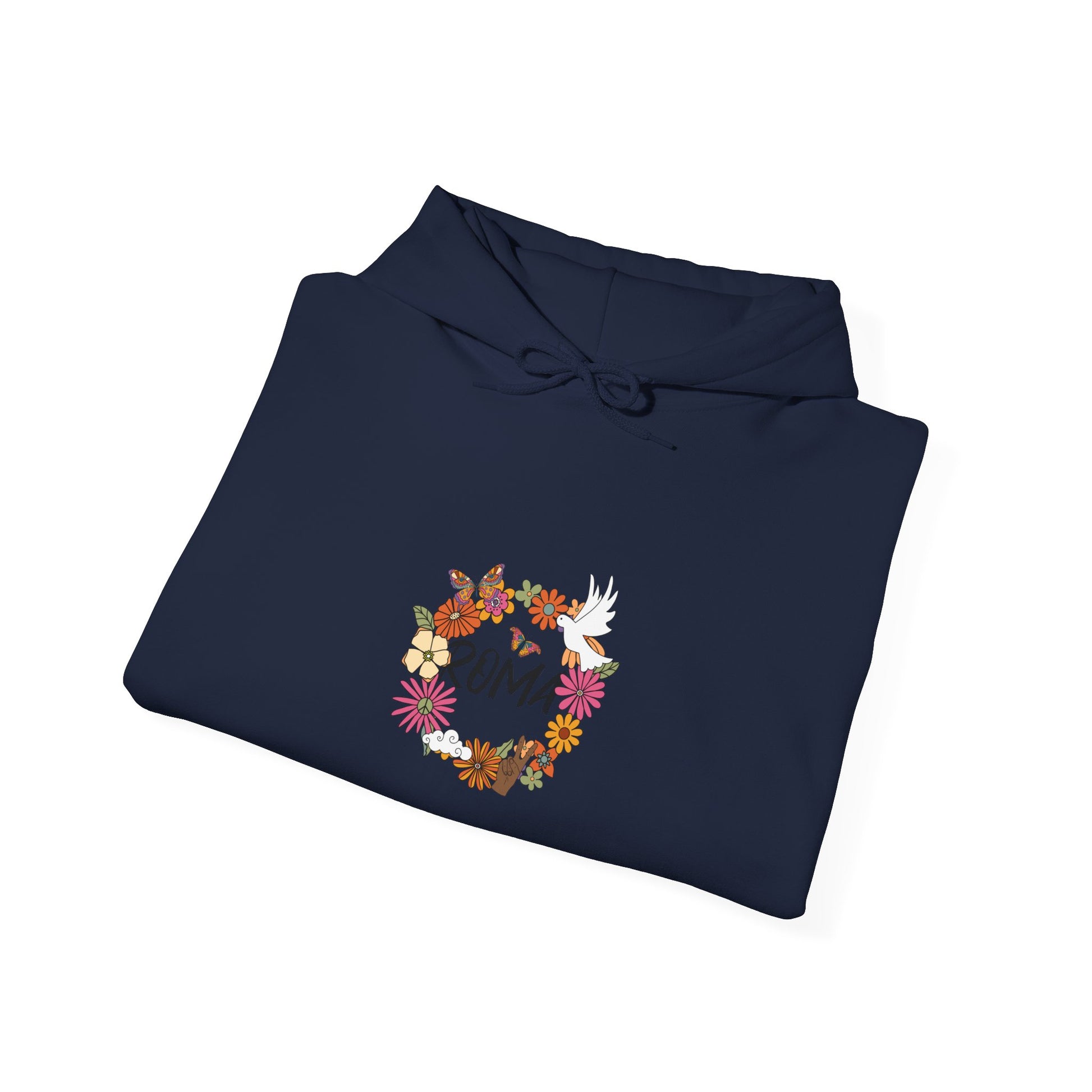 Soft hoodie displaying “ROMA” text enclosed by a ring of flowers and a peaceful dove perched in the middle.