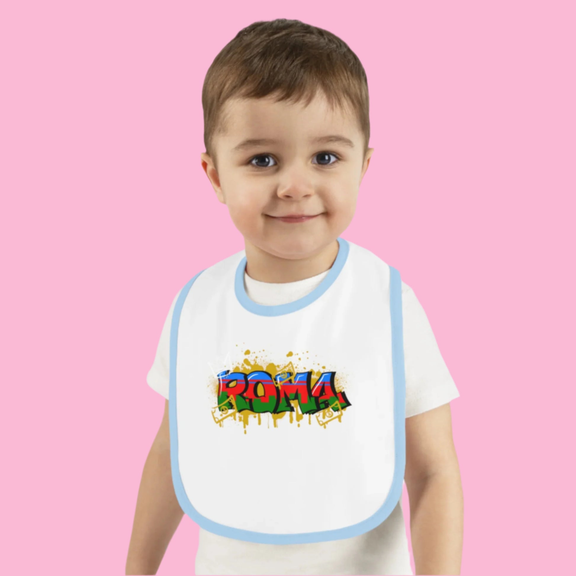 Adorable baby bib with a contrasting border, crafted from comfortable jersey material for everyday use.

