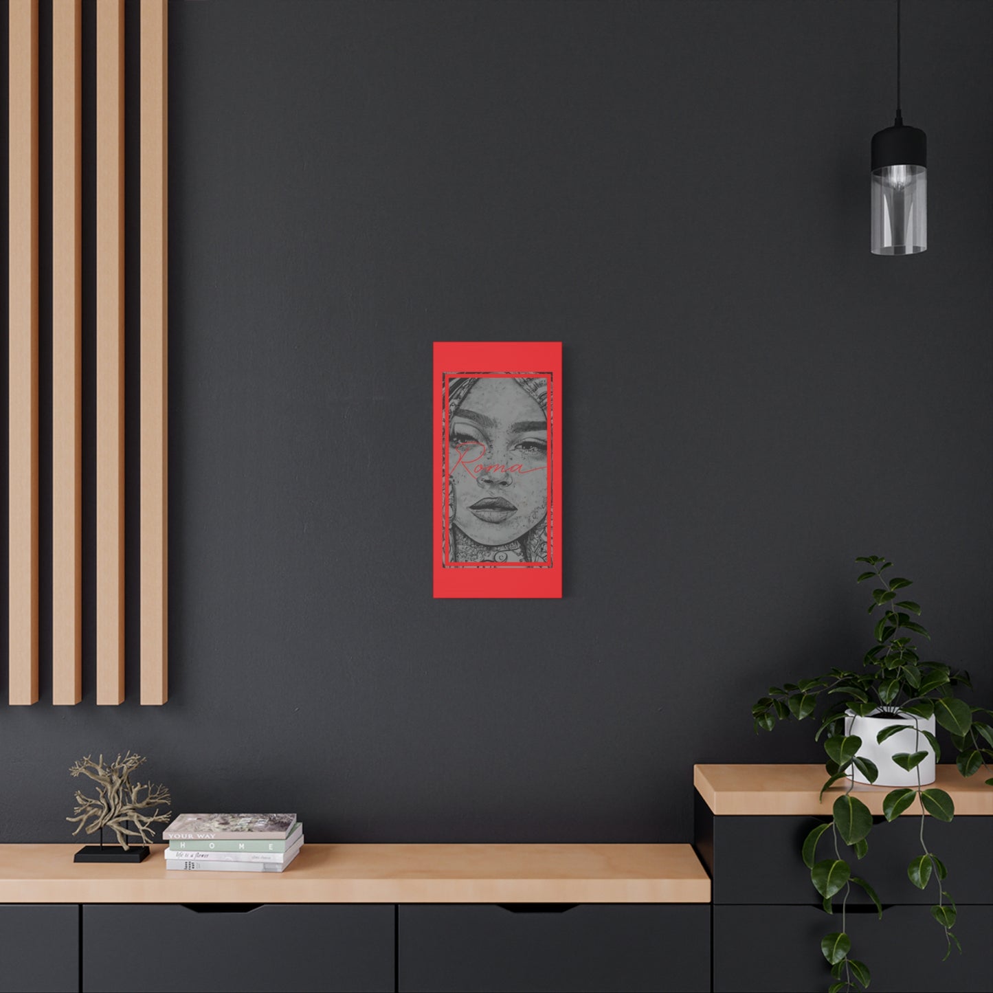 A canvas print that juxtaposes vulnerability and identity, with a crying girl and centered ROMA lettering.