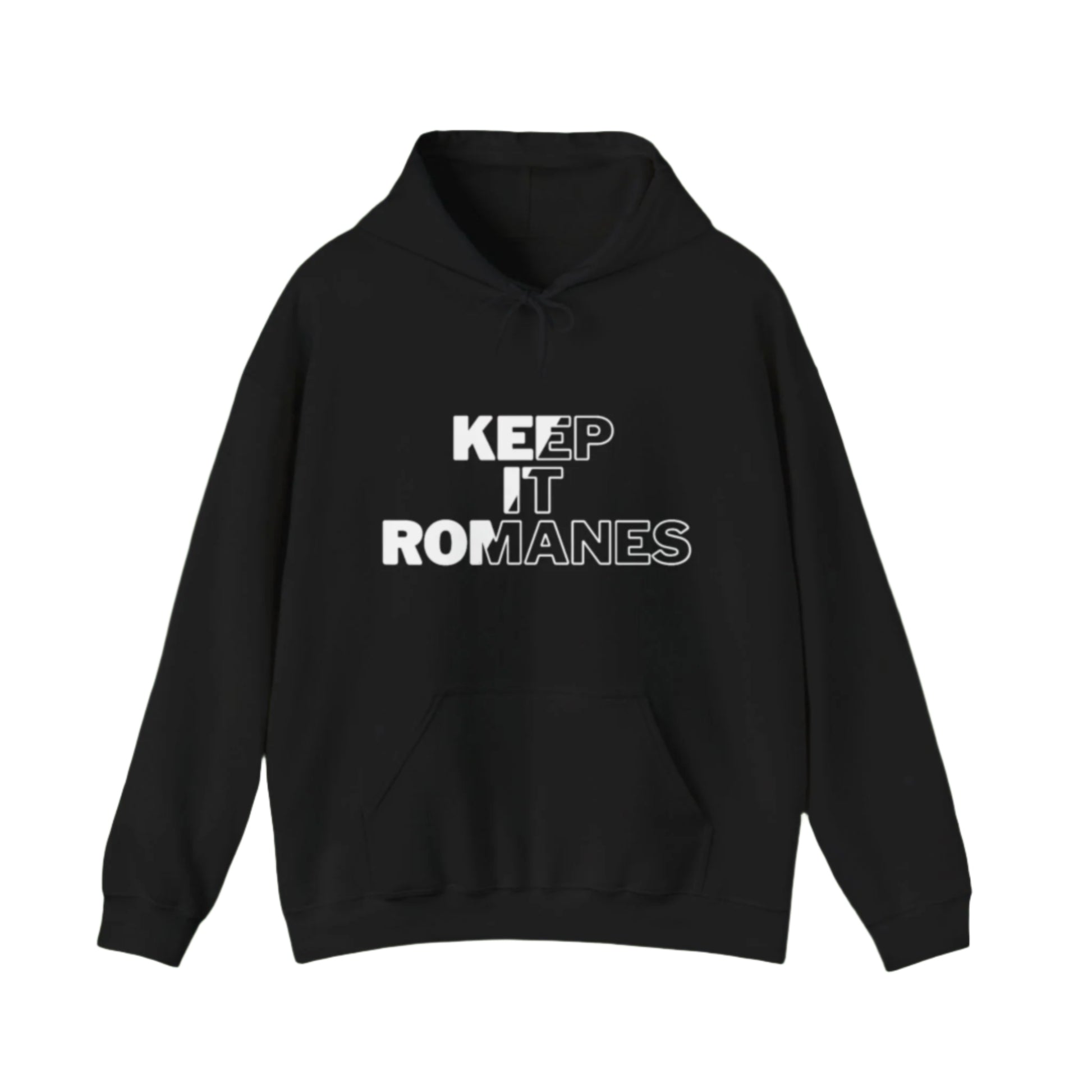 Black hoodie with 'KEEP IT ROMANES' text on a light green background