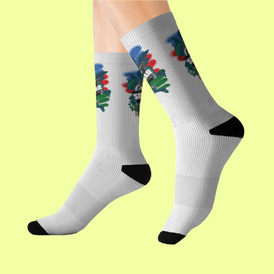 Long socks combining Roma flag colors with an elegant angel illustration and prominent ‘SZUKAR’ lettering.