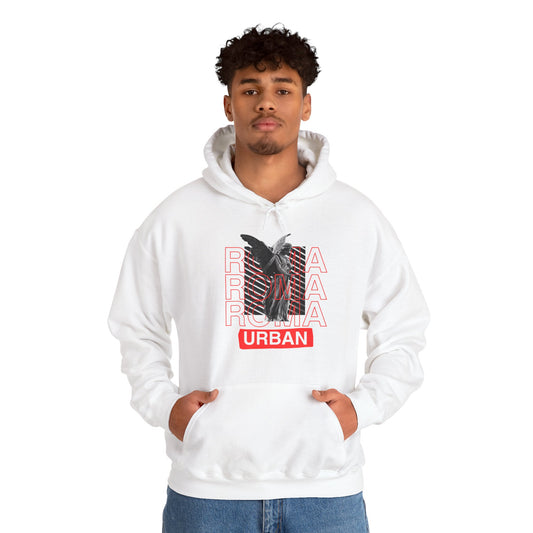 Black hoodie featuring a Roma statue silhouette merged with bold ROMA lettering, "URBAN" underneath.

