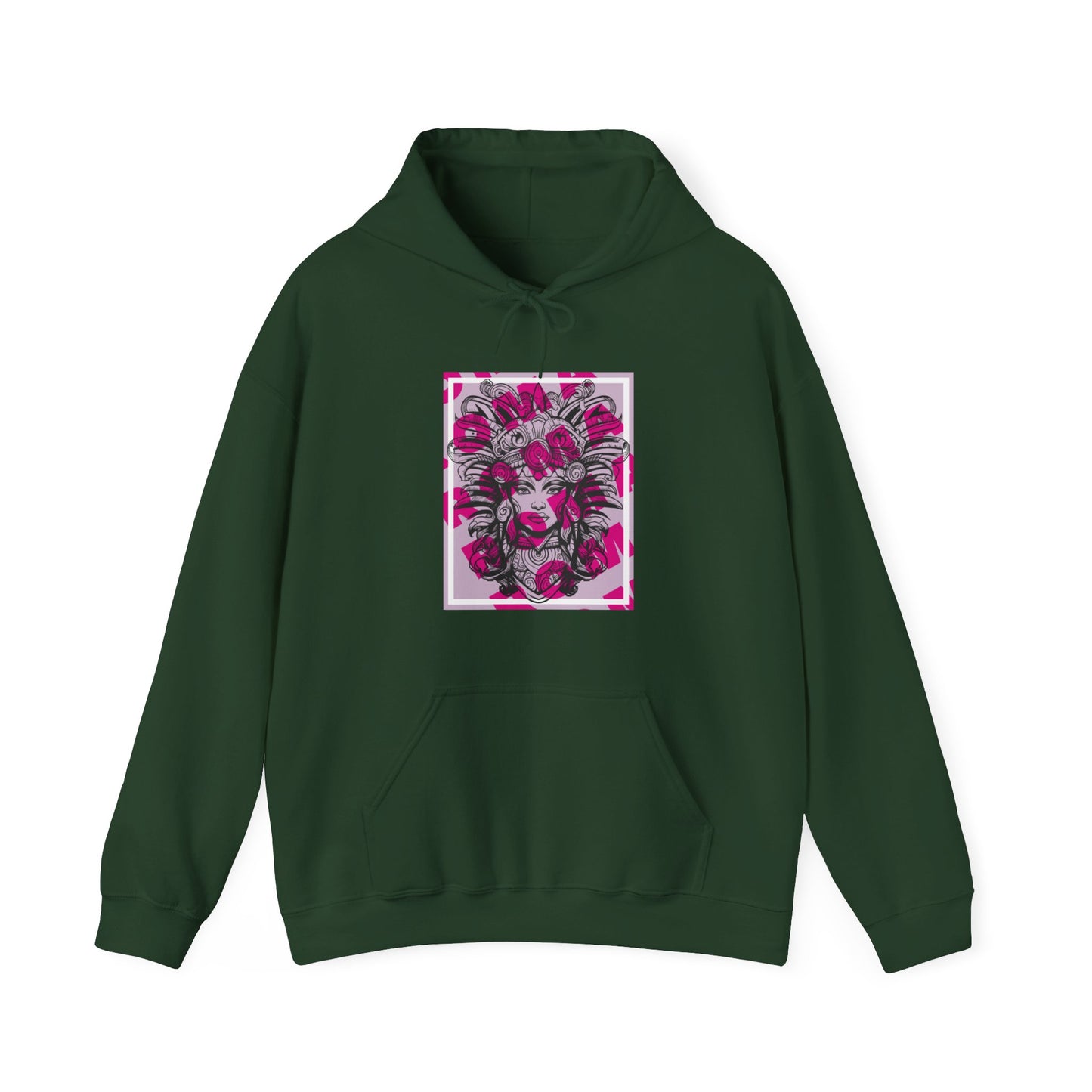 Bold hoodie featuring a close-up girl’s portrait with striking gaze and artistic shading.

