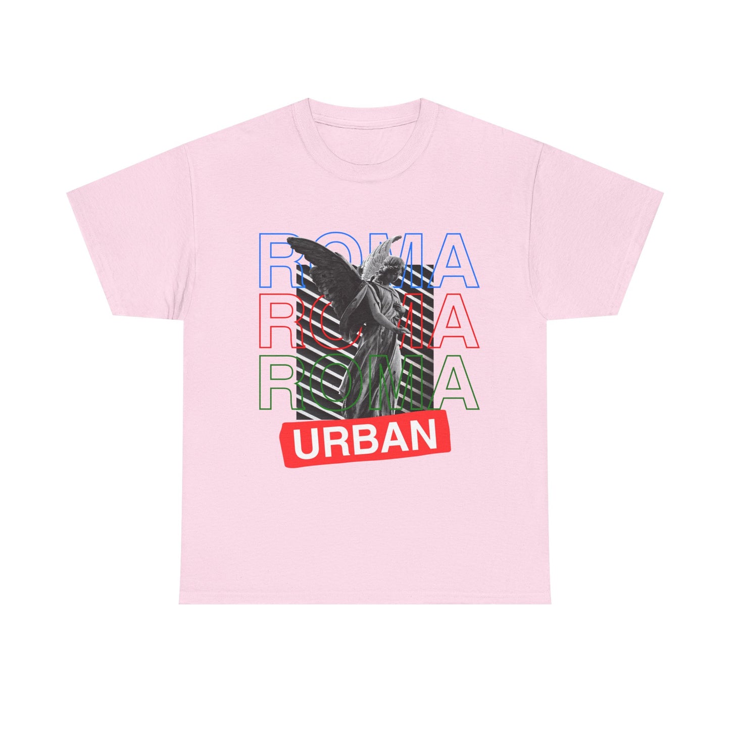Szukar Roma tee featuring urban reinterpretation of angel statue with Roma text in layers.
