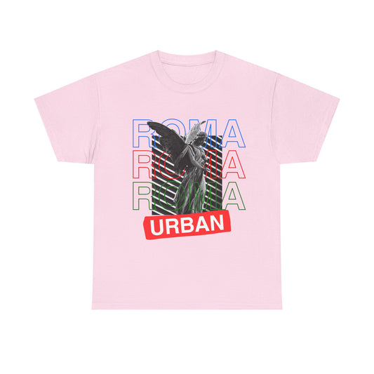 Szukar Roma tee featuring urban reinterpretation of angel statue with Roma text in layers.
