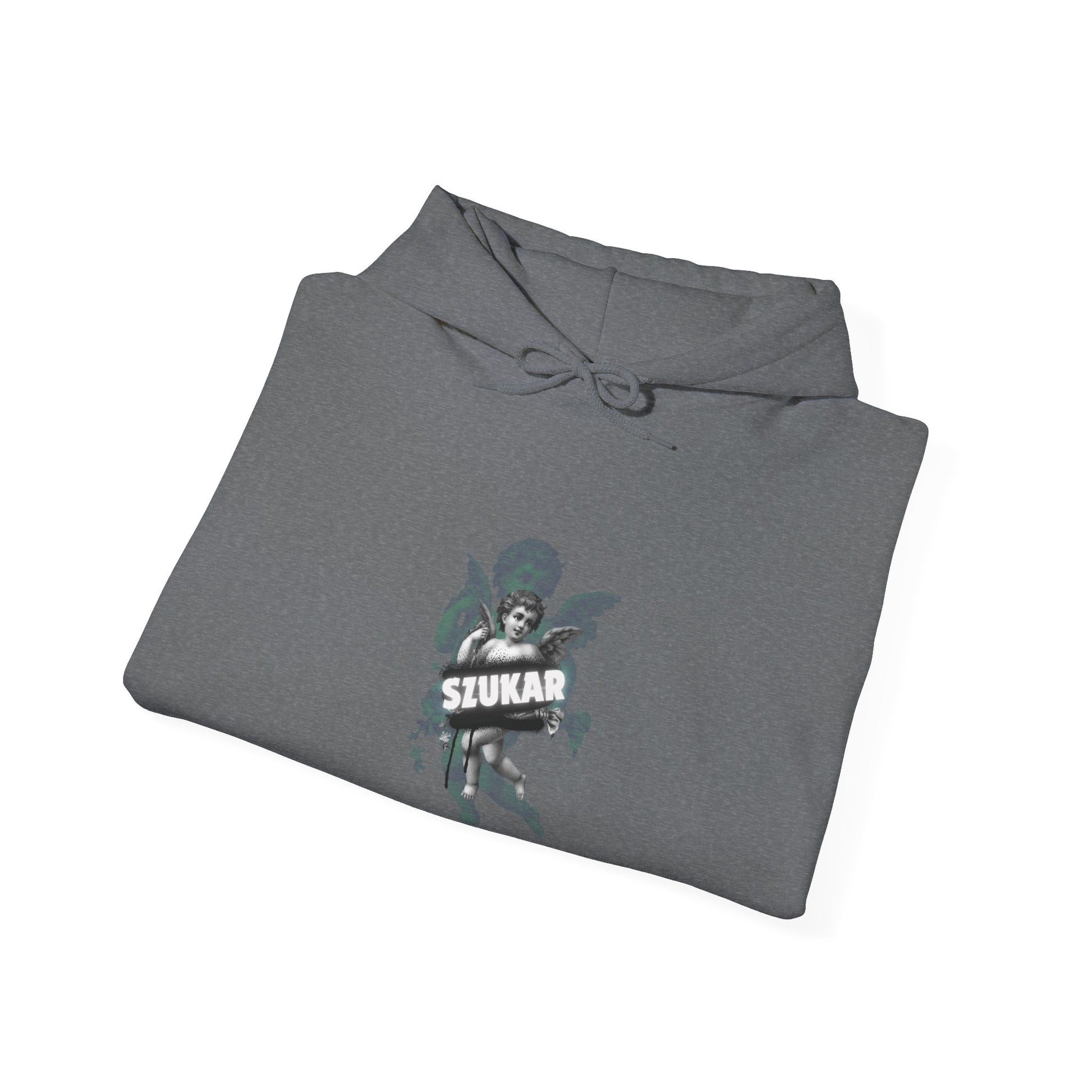 Iconic hoodie featuring powerful angel imagery and centered ‘SZUKAR’ text.