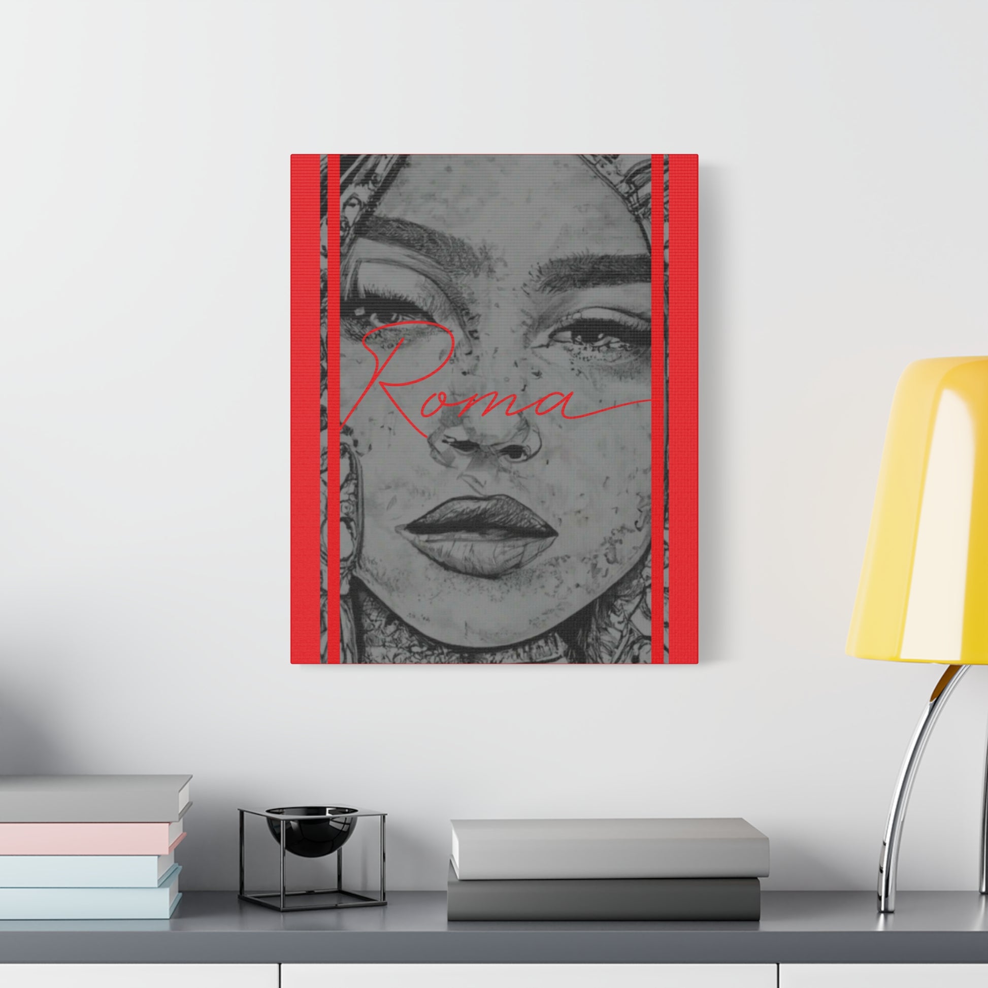 Fine art canvas showing a reflective girl’s teary expression, framed with textured ROMA lettering as part of the design.
