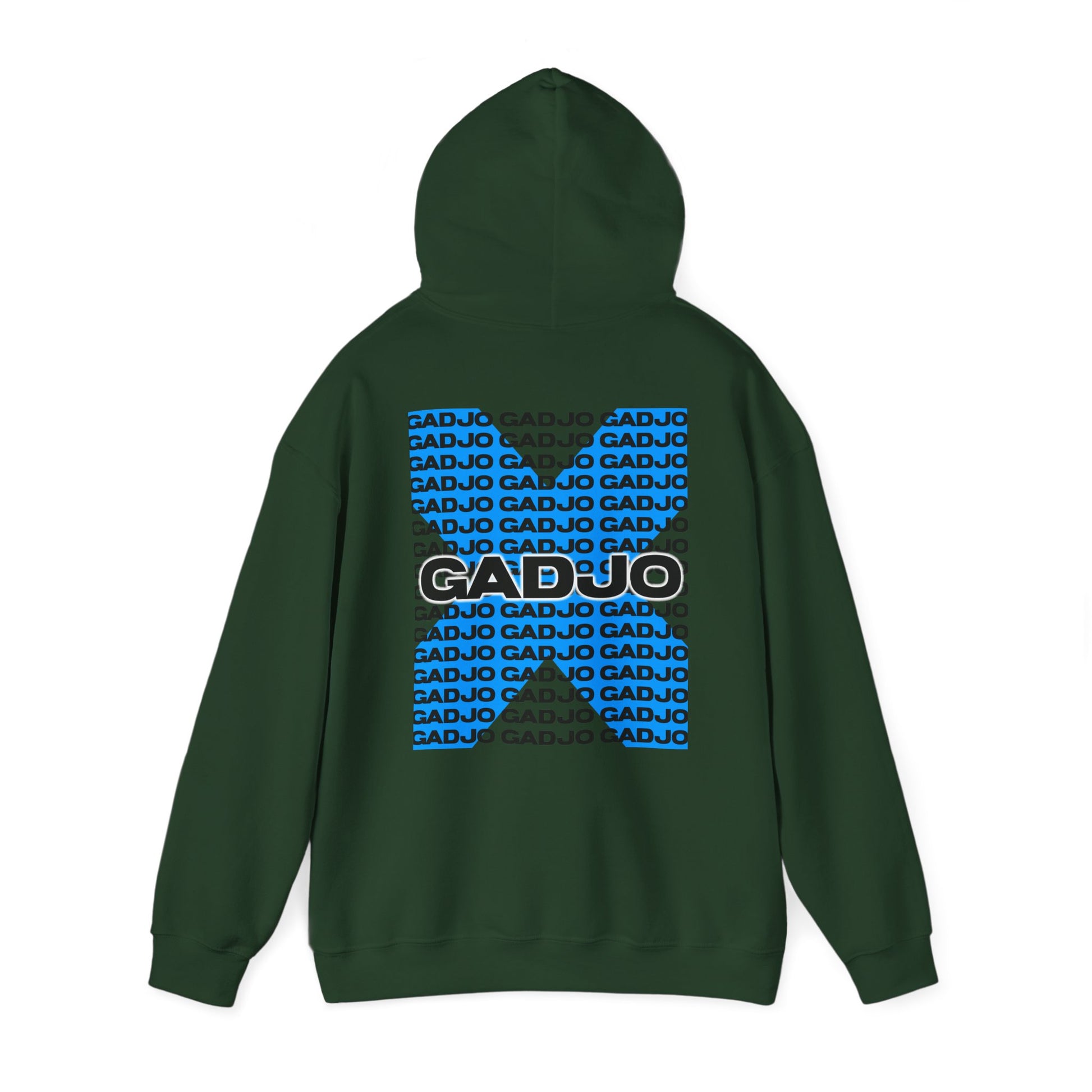 Street-style hoodie with bold “GADJO” text layered over dynamic brushstroke graphics.

