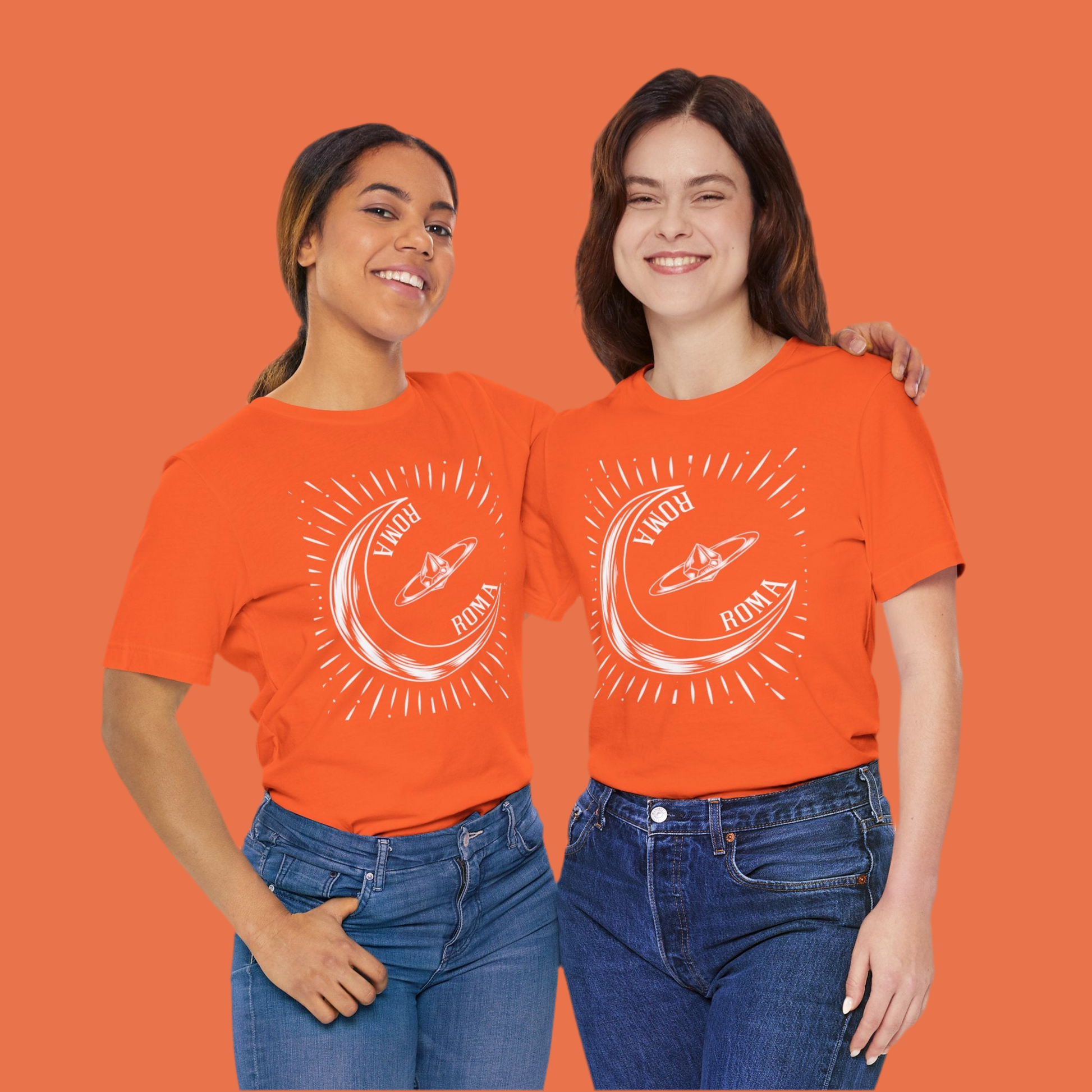 Two people wearing orange t-shirts with a graphic design on an orange background
