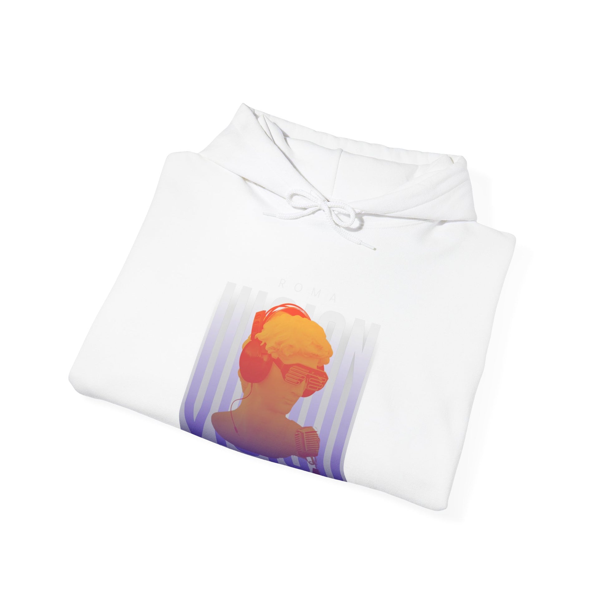 Hoodie design combining ‘ROMA’ lettering with a girl’s face and a faint ‘VISION’ text background for depth.