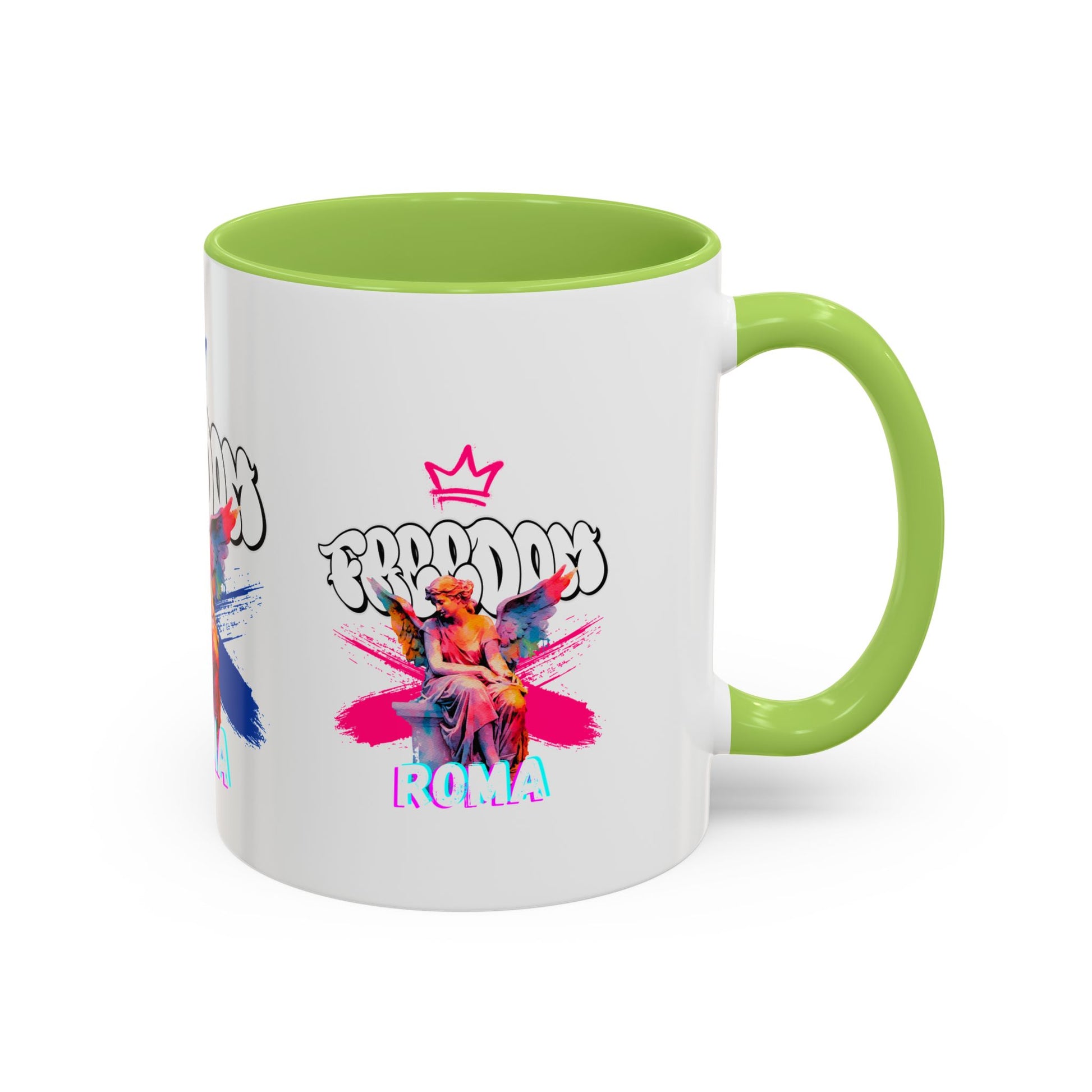 Green mug with symbolic angel artwork and green-rimmed mouthpiece when hot