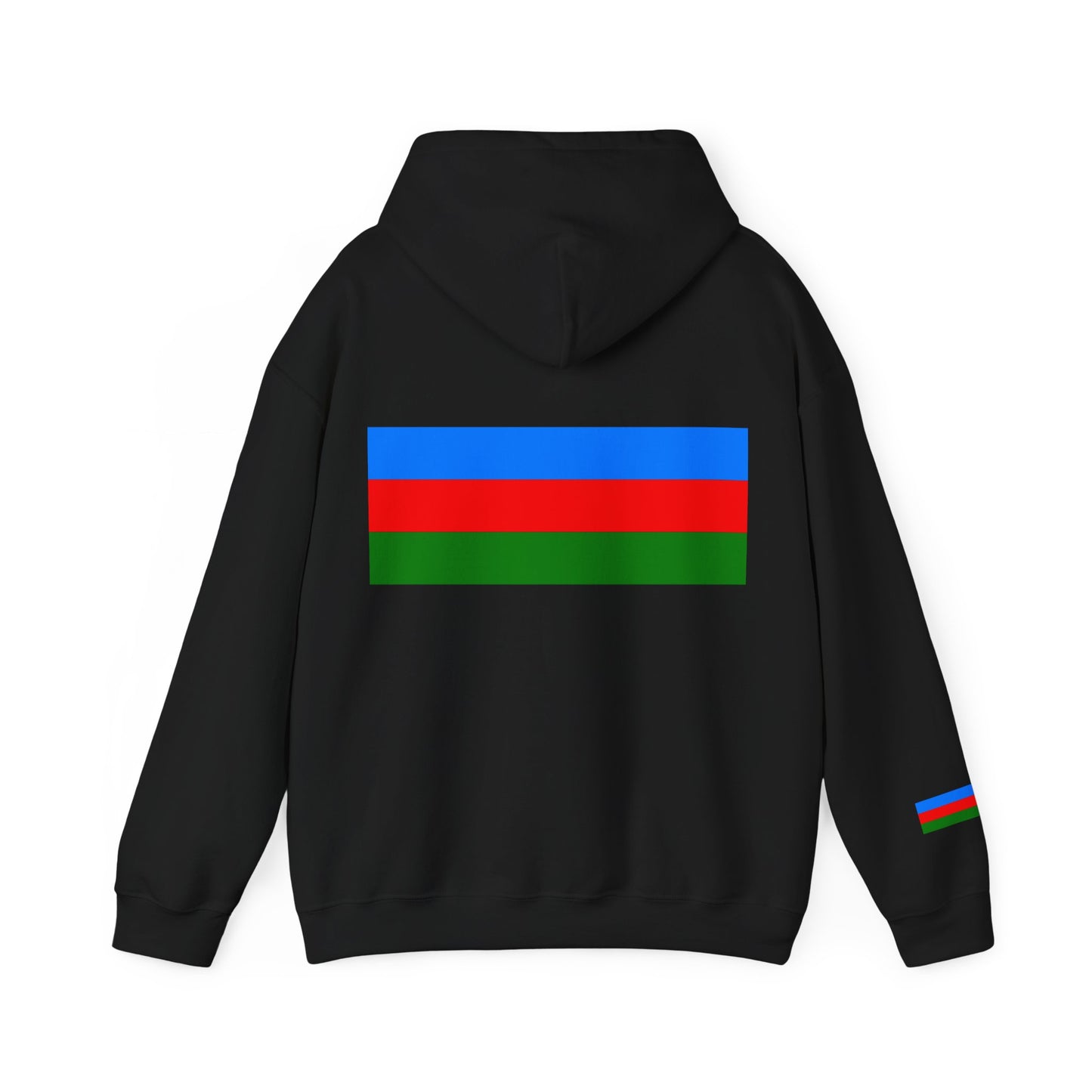 Casual hoodie adorned with a creative Roma flag graphic across the chest and sleeves.

