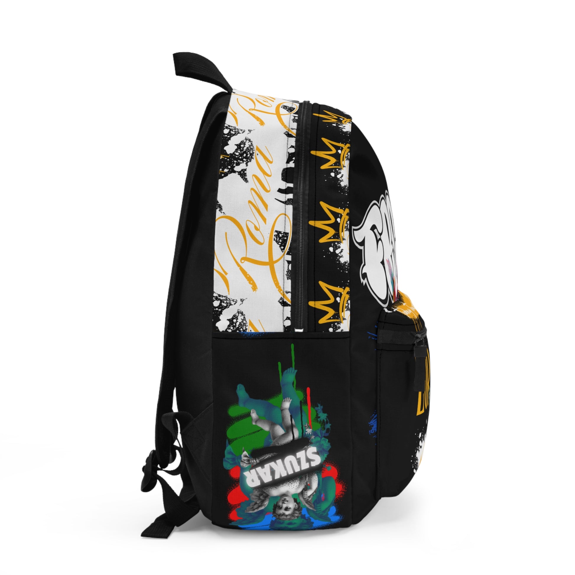 Durable backpack adorned with large ROMA text and a gold crown emblem.

