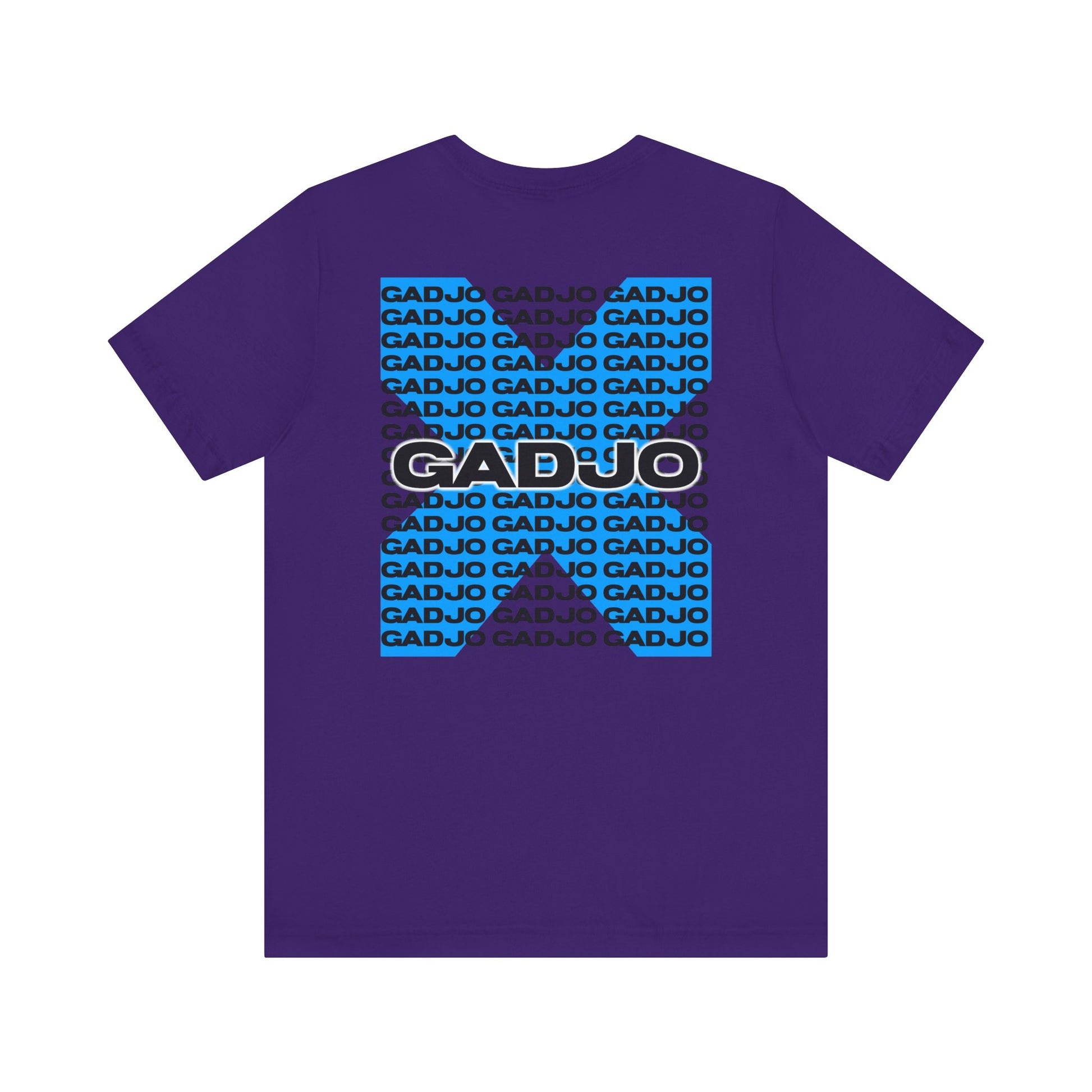 Short sleeve shirt showcasing GADJO in hand-drawn letters, surrounded by feathers and beads.