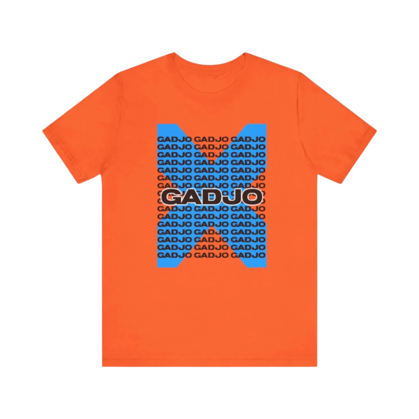 Retro-style short sleeve shirt with GADJO text surrounded by geometric accents.