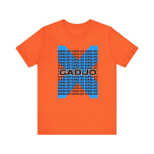 Retro-style short sleeve shirt with GADJO text surrounded by geometric accents.